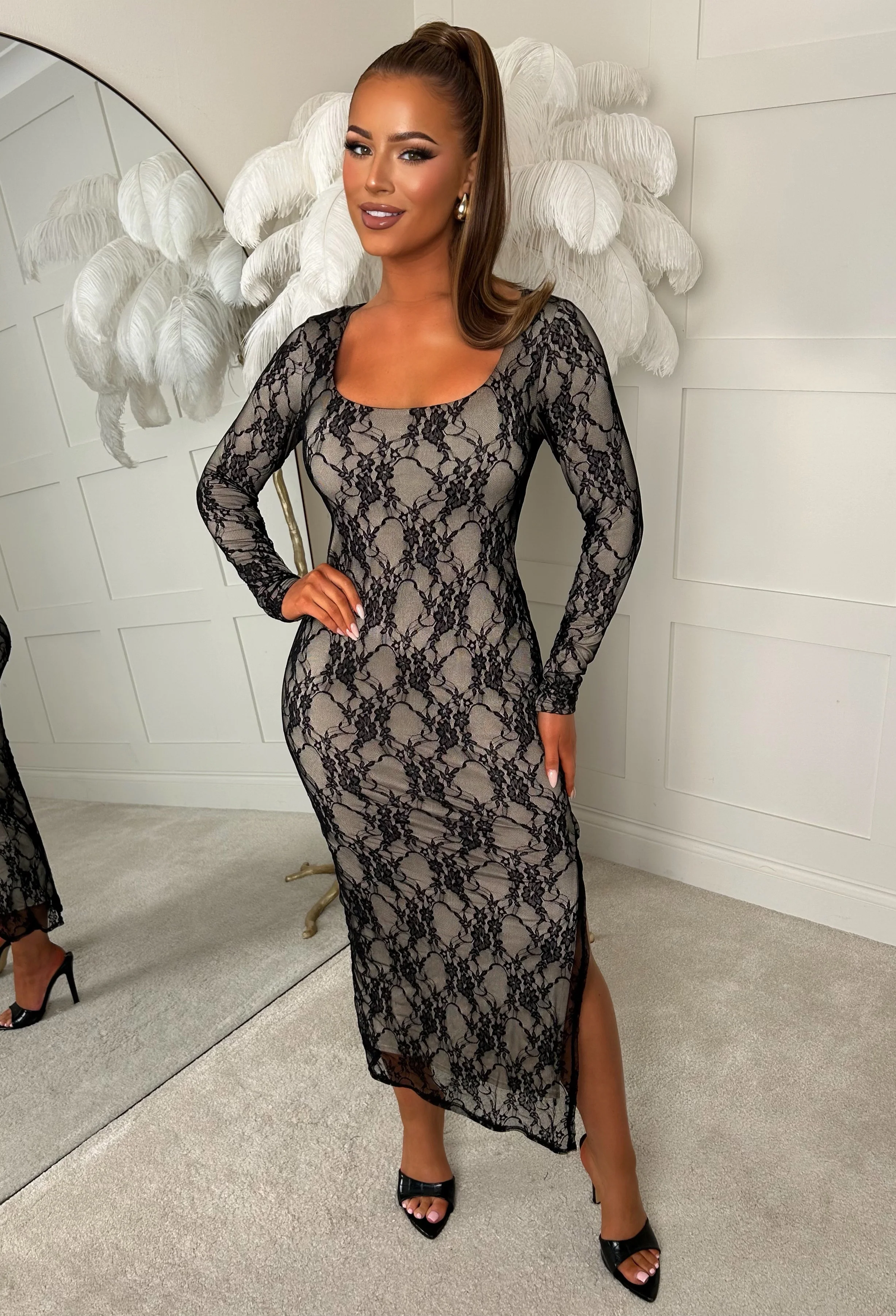 Basically I'm Yours Black Lace Square Neck Long Sleeve Body Con Dress