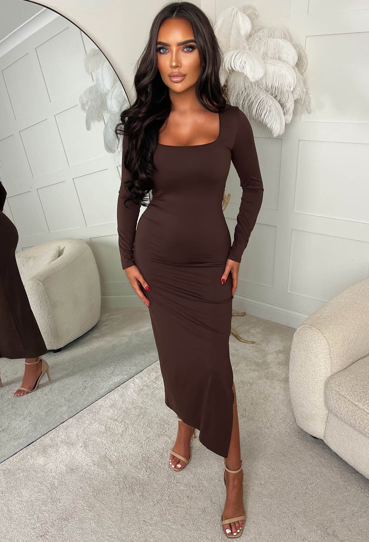 Basically I'm Yours Brown Square Neck Long Sleeve Bodycon Dress - Image 2