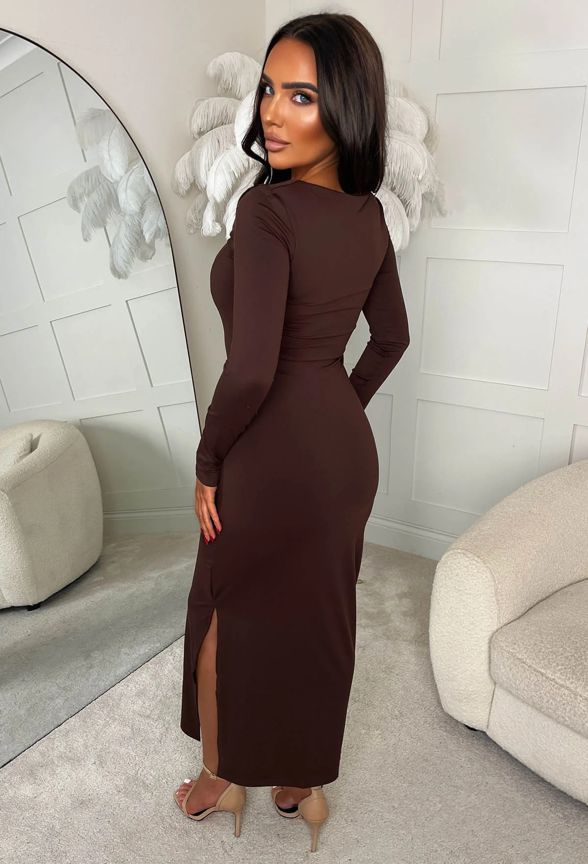 Basically I'm Yours Brown Square Neck Long Sleeve Bodycon Dress - Image 3