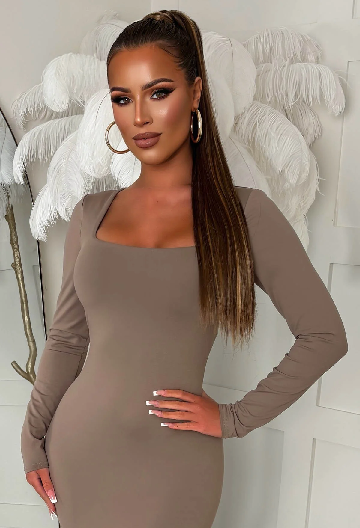 Basically I'm Yours Mocha Square Neck Long Sleeve Bodycon Dress - Image 3