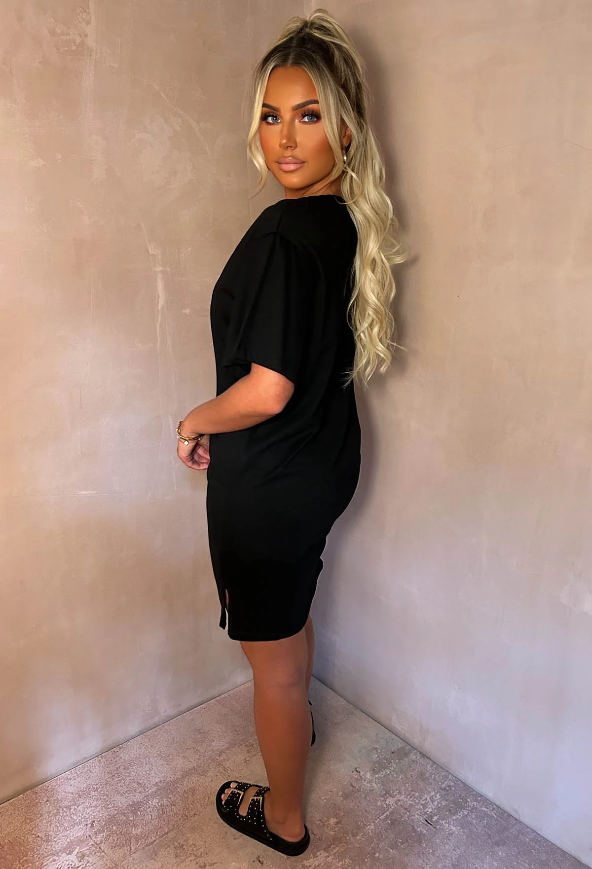 Be Trendy Black Soft Comfy Jersey Mini T-Shirt Dress - Image 2