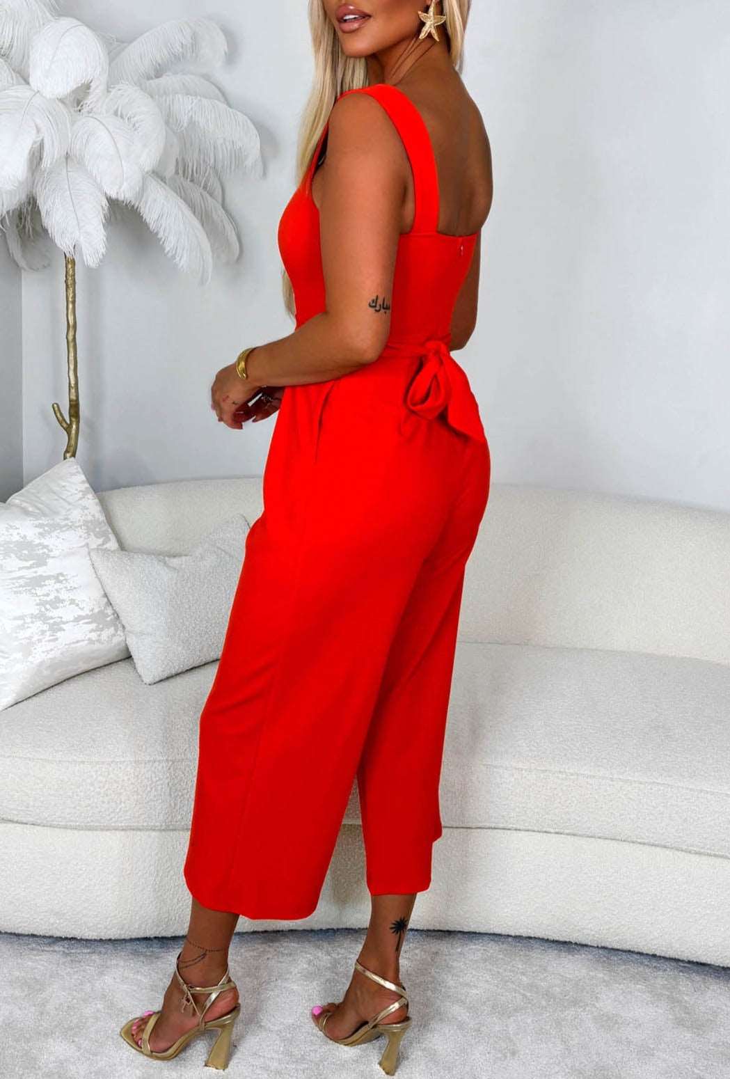 Begin Again Red Square Neck Belted Jumpsuit - Image 2