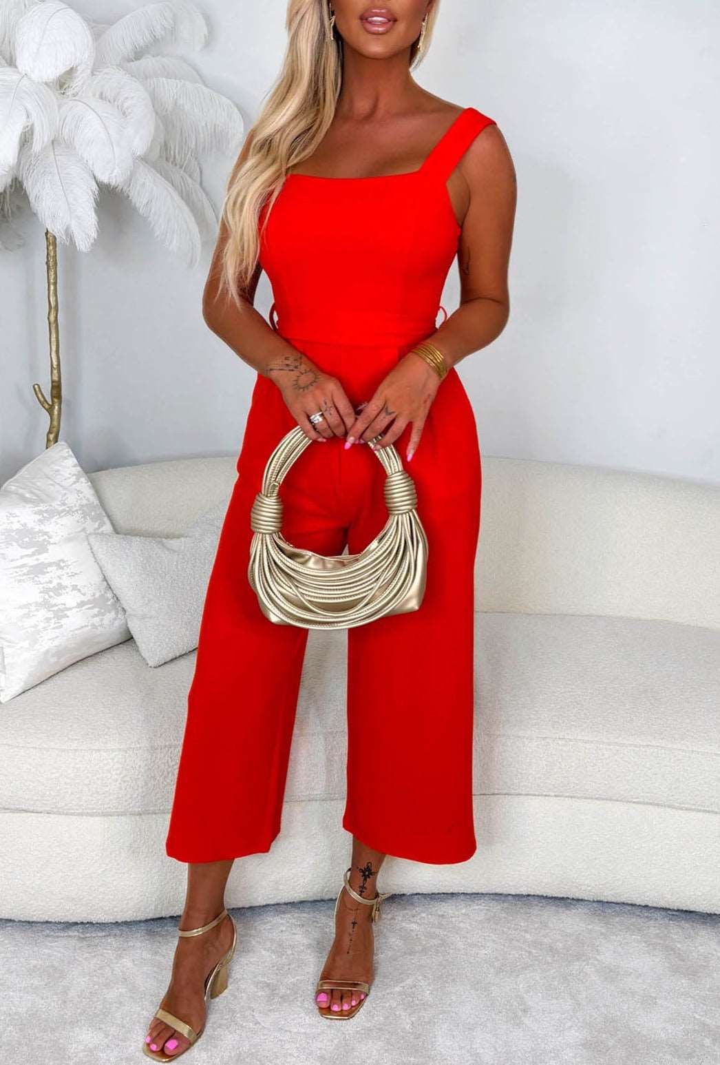 Begin Again Red Square Neck Belted Jumpsuit - Image 3
