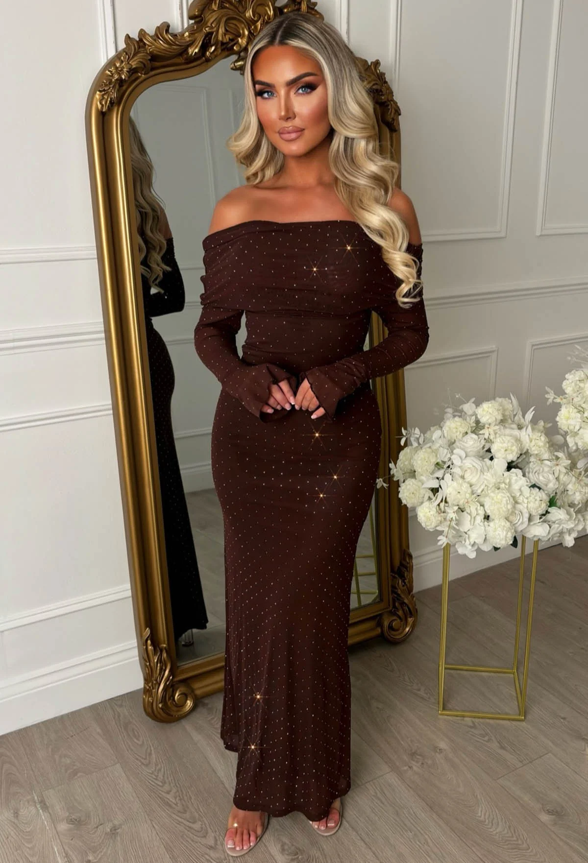 Best Babe Chocolate Brown Rhinestone Mesh Off Shoulder Maxi Dress - Image 3