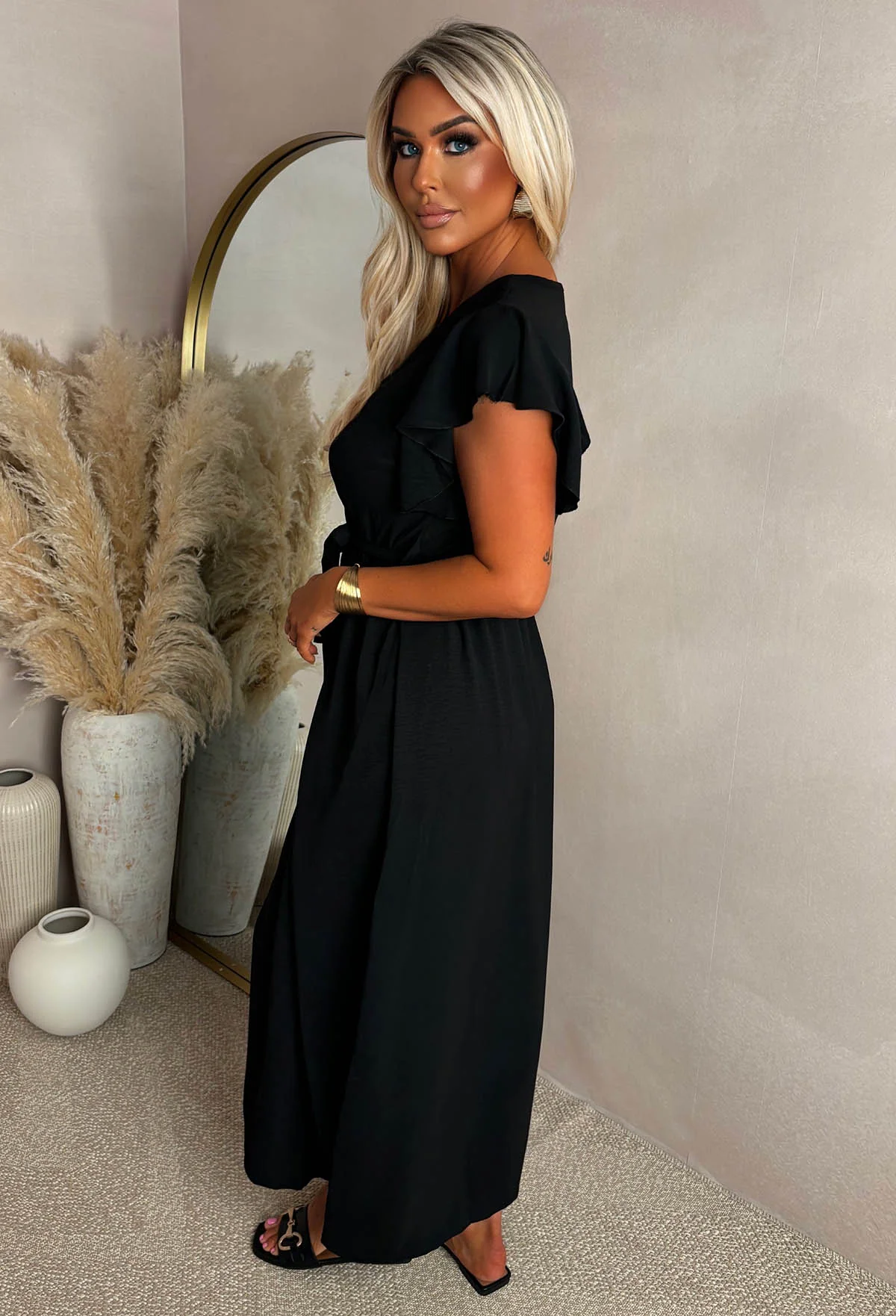 Best Believe Me Black Wrap Front Frill Sleeve Maxi Dress - Image 3