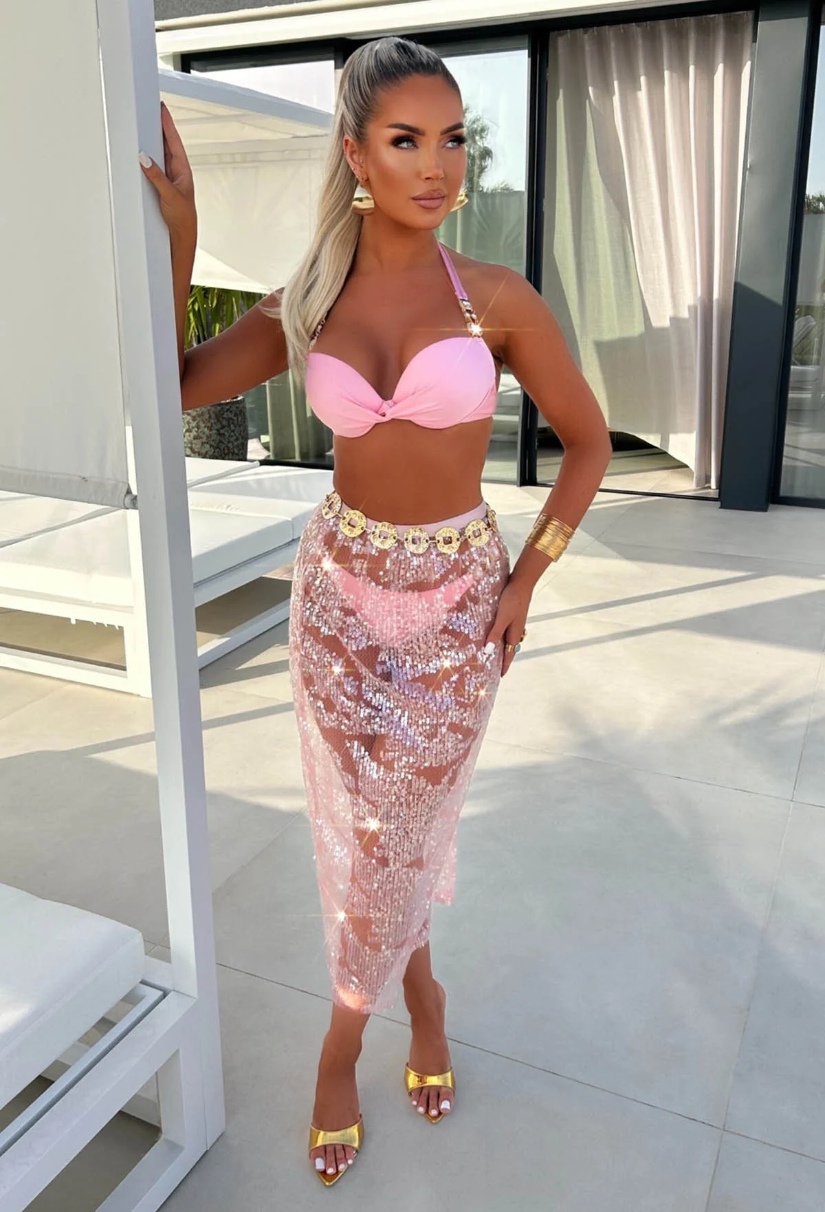 Beyond Limits Pink Sheer Sequin Midi Skirt - Image 2