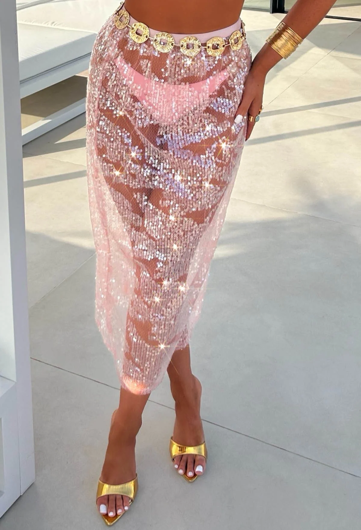 Beyond Limits Pink Sheer Sequin Midi Skirt - Image 3
