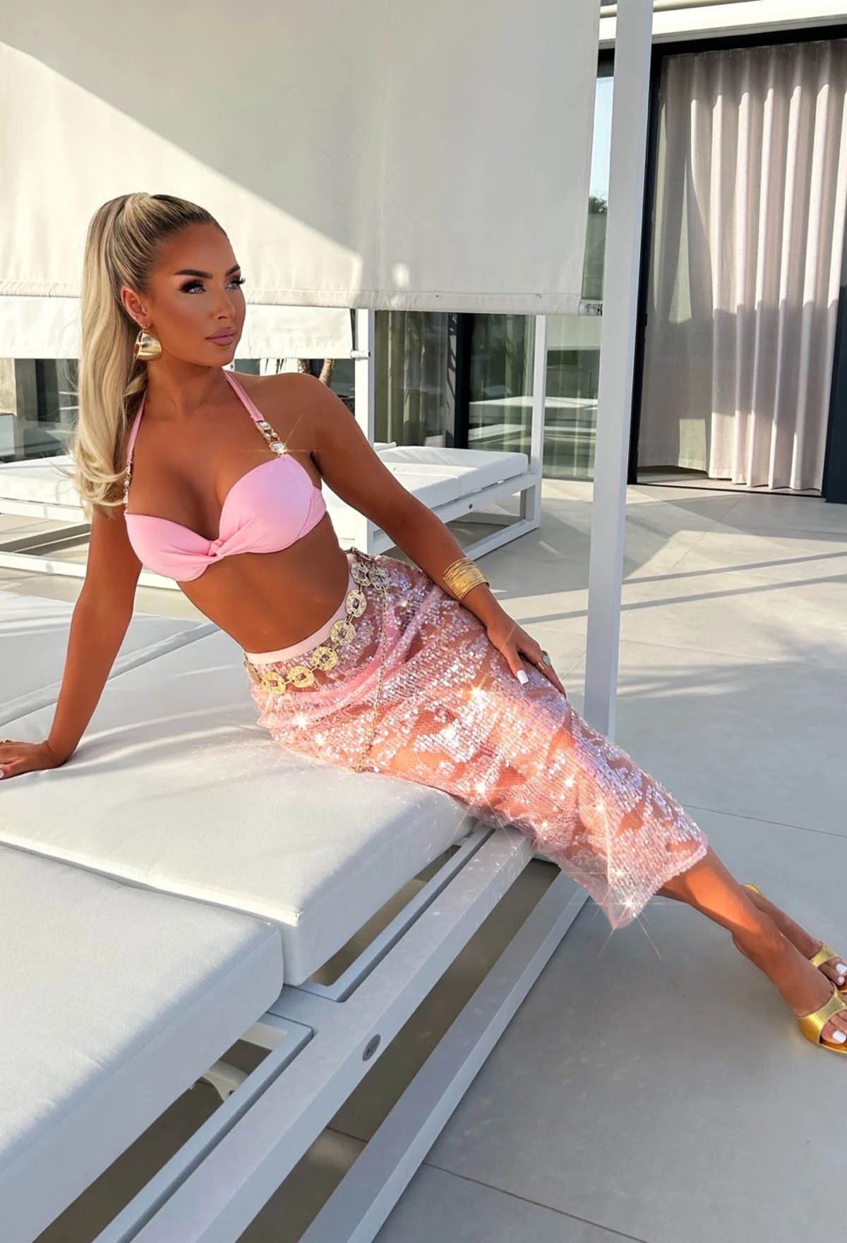 Beyond Limits Pink Sheer Sequin Midi Skirt - Image 4