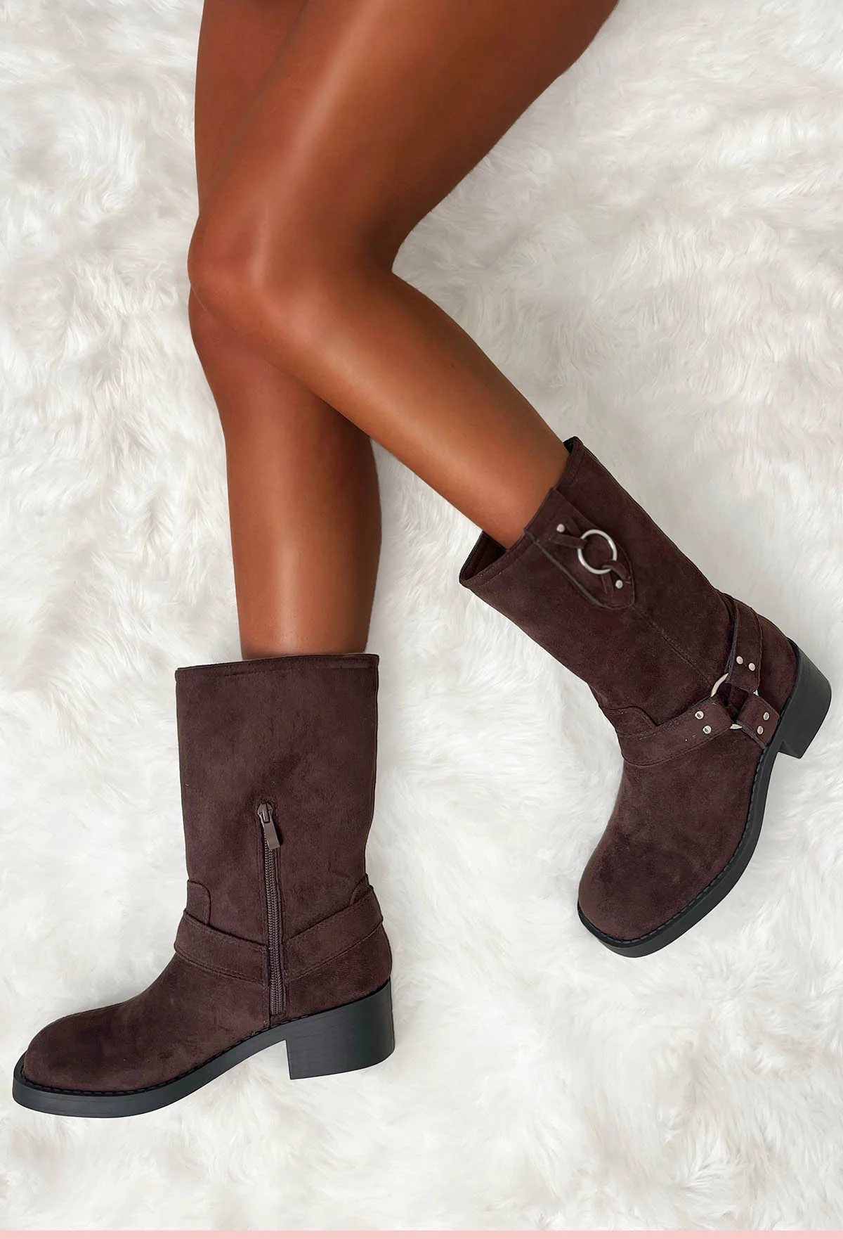 Biker Baby Brown Faux Suede Strap Biker Boots - Image 2