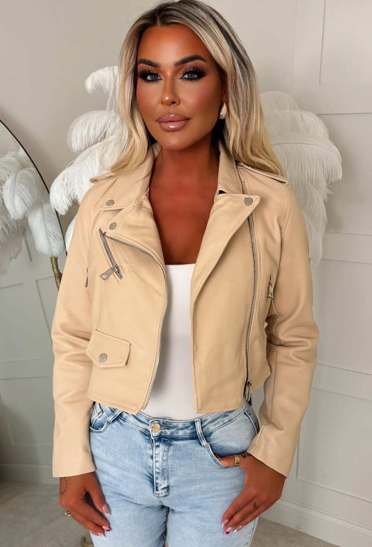 Biker Baddie Beige Cropped Leather Jacket - Image 4
