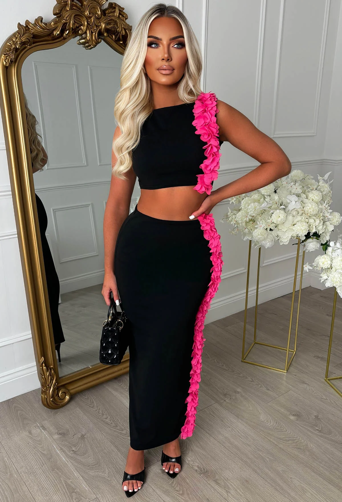 Billionaire Beauty Black Ruffle Midi Side Split Co-Ord Set - Image 2