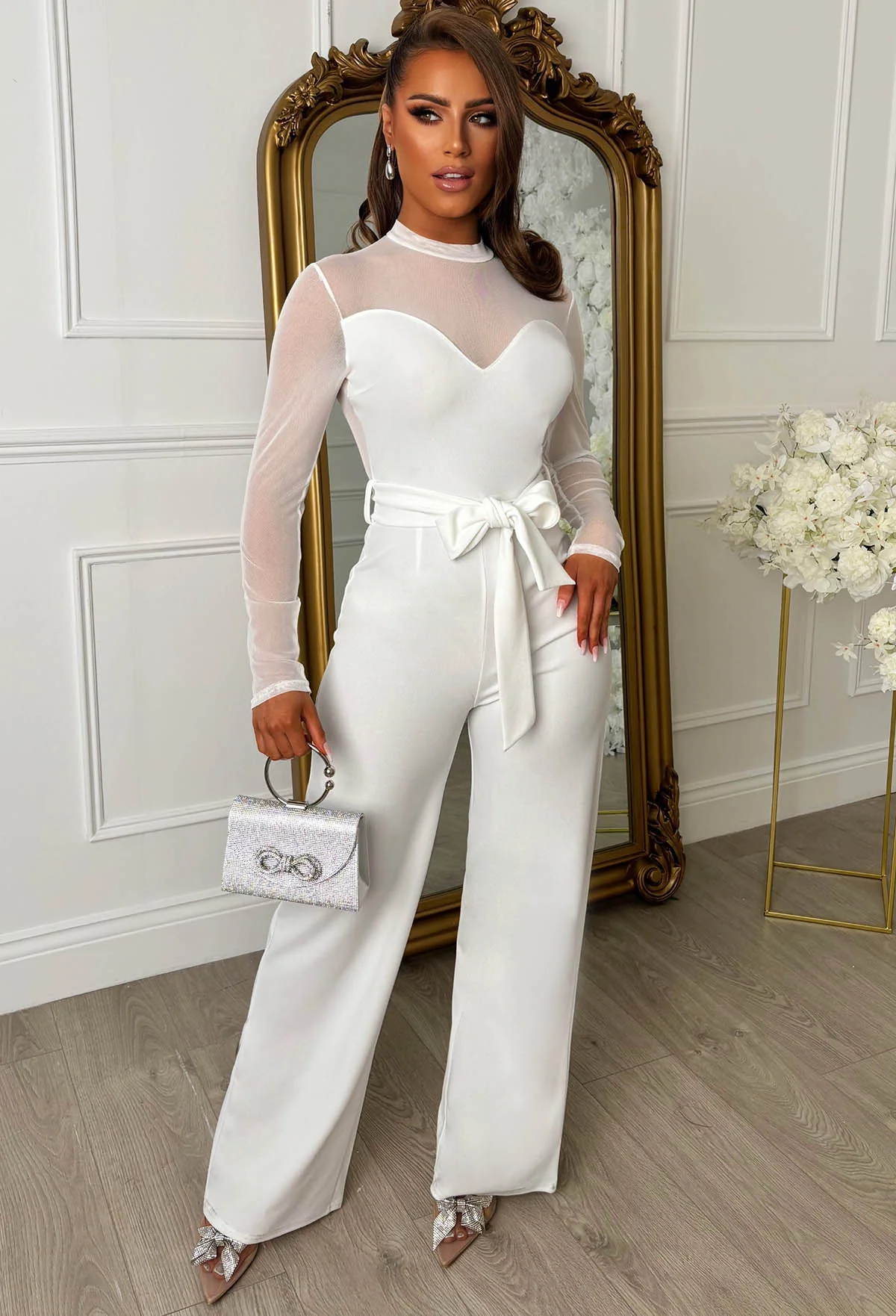 Blissful Chic White Mesh & Plain Wide Leg Belted Jumpsuit