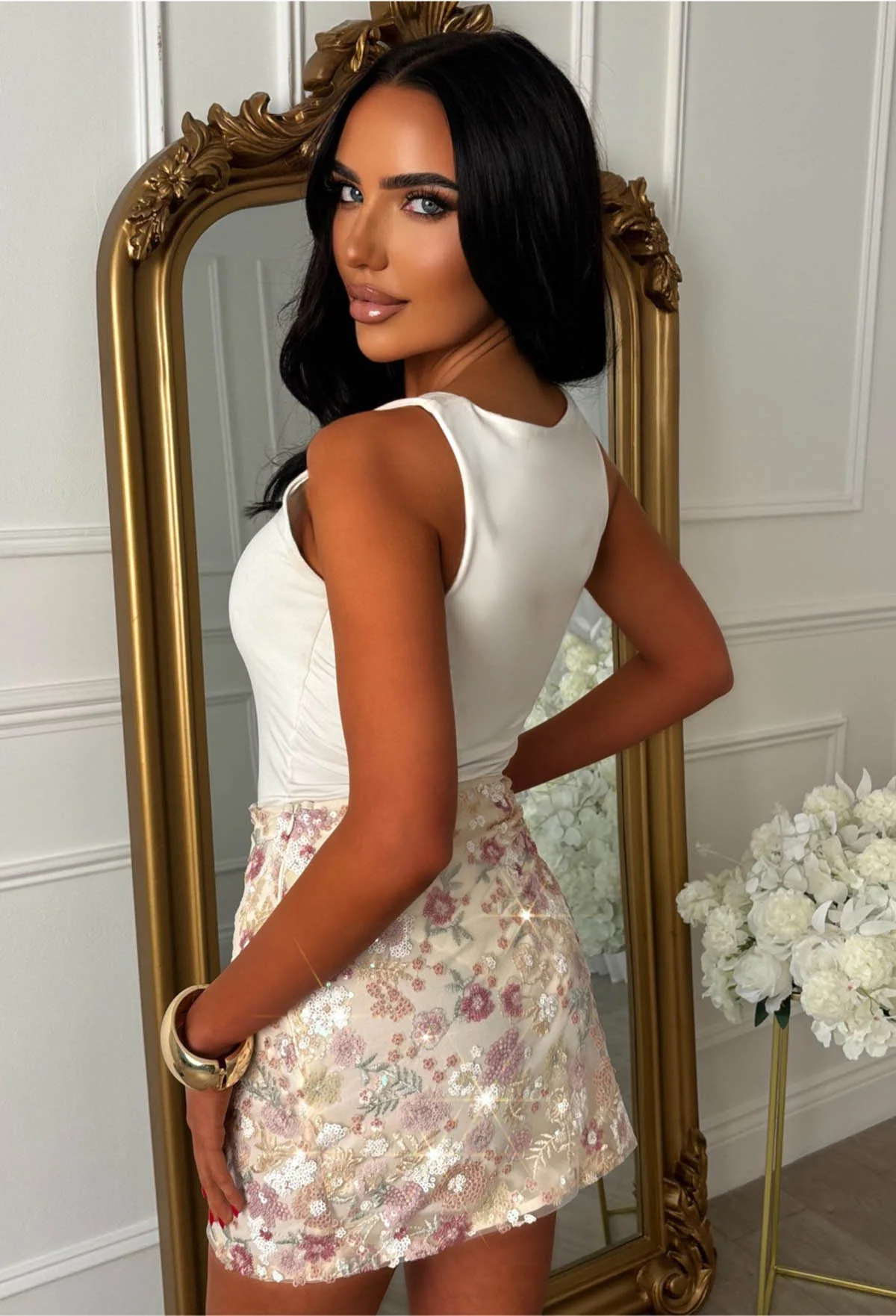 Blooming Delight Nude Flower Applique Mini Skirt - Image 3