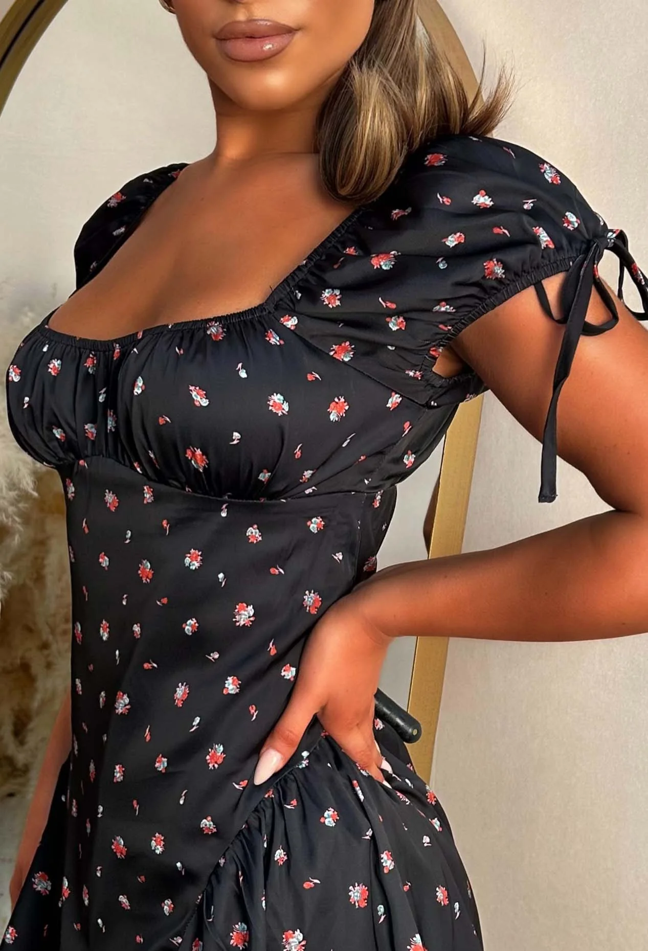 Blossom Babe Black Floral Print Mini Dress With Ruched Neckline - Image 3