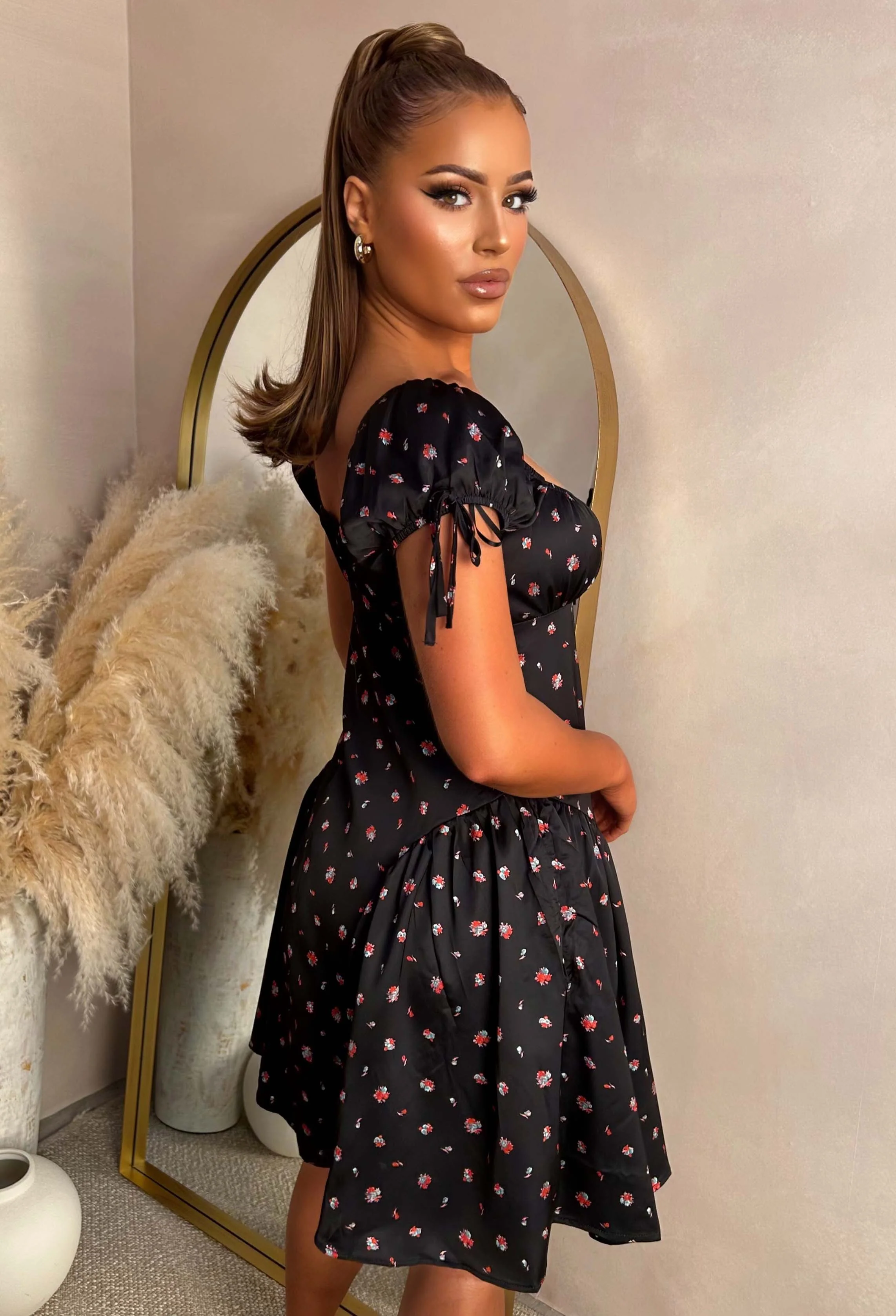 Blossom Babe Black Floral Print Mini Dress With Ruched Neckline - Image 4