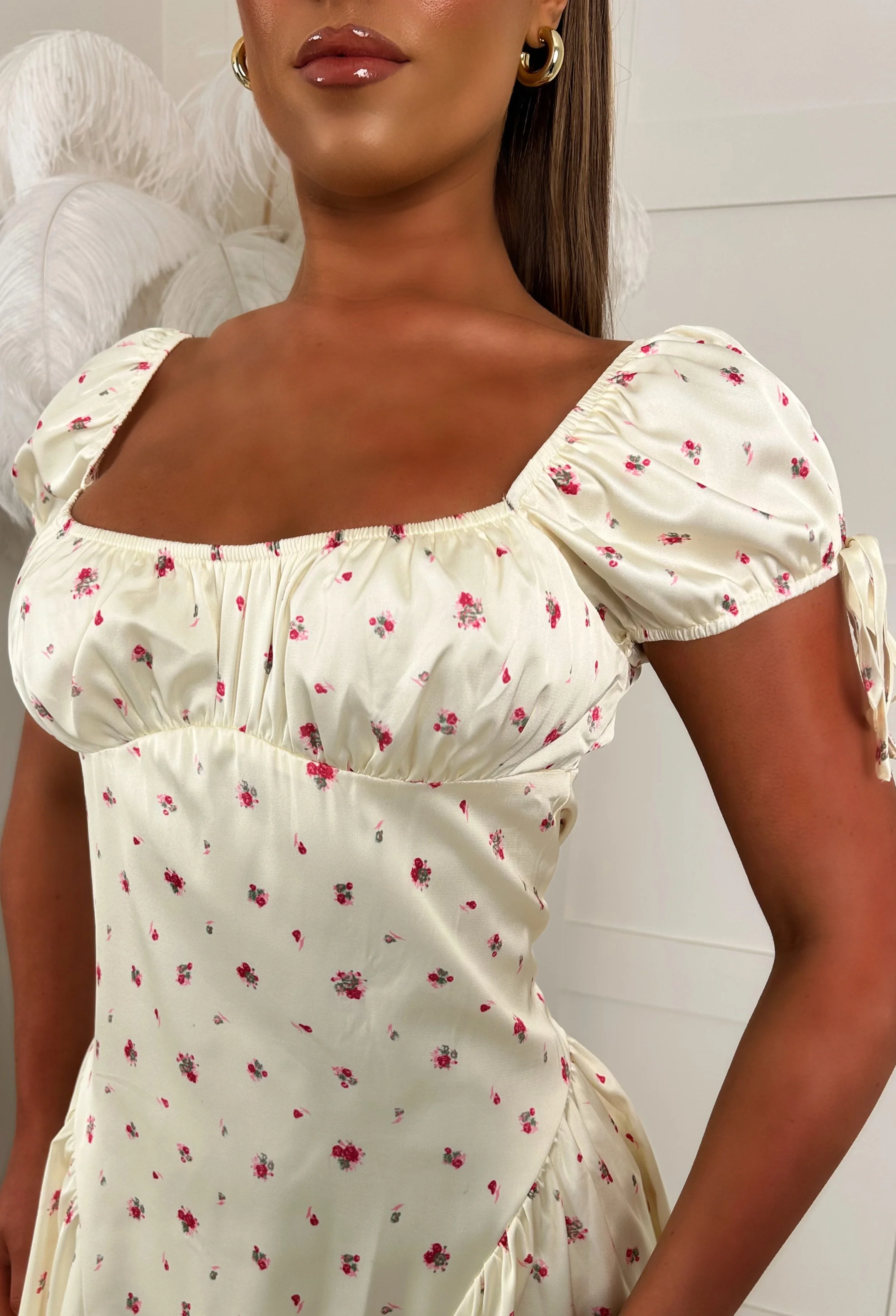 Blossom Babe Lemon Floral Print Mini Dress With Ruched Neckline - Image 5