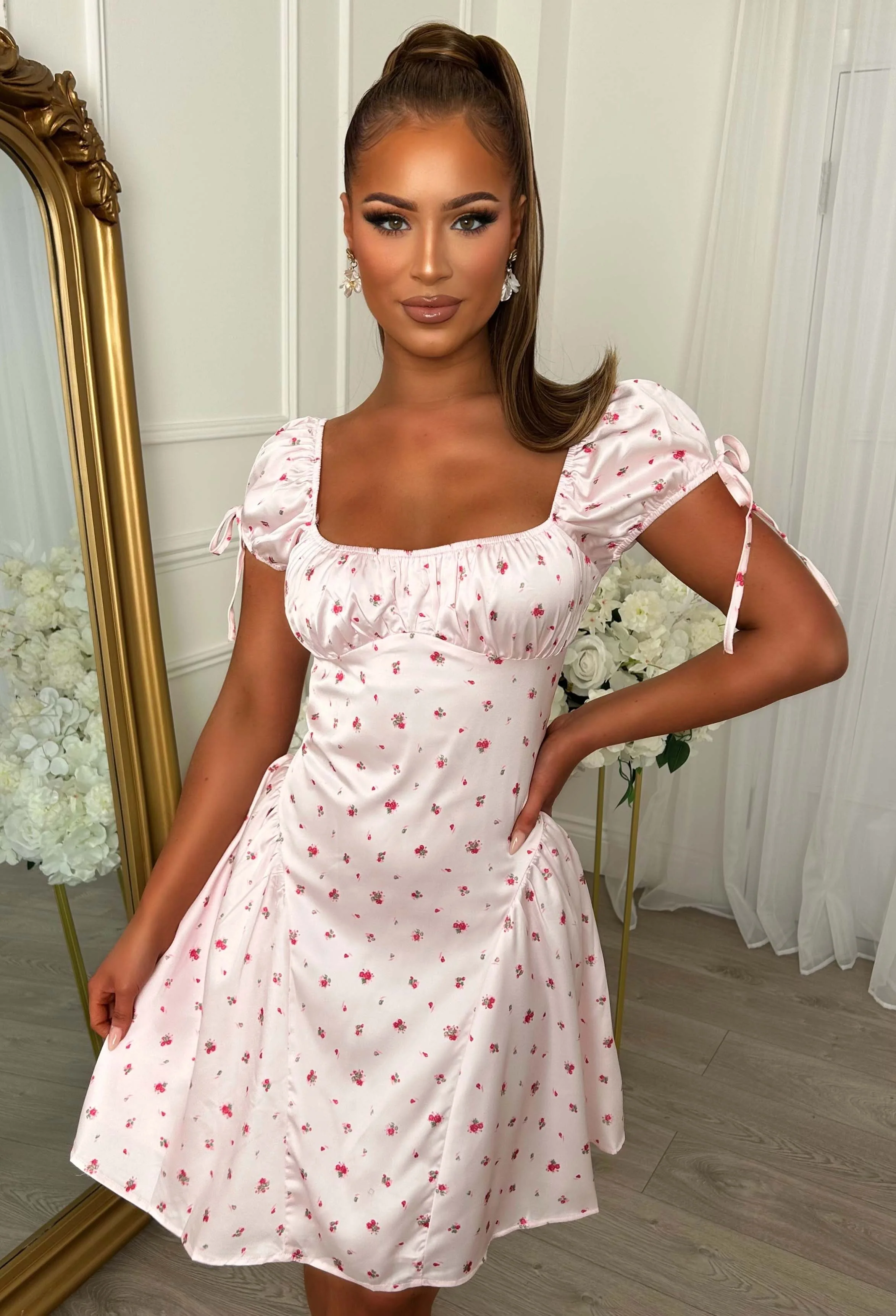 Blossom Babe Pink Floral Print Mini Dress With Ruched Neckline - Image 5