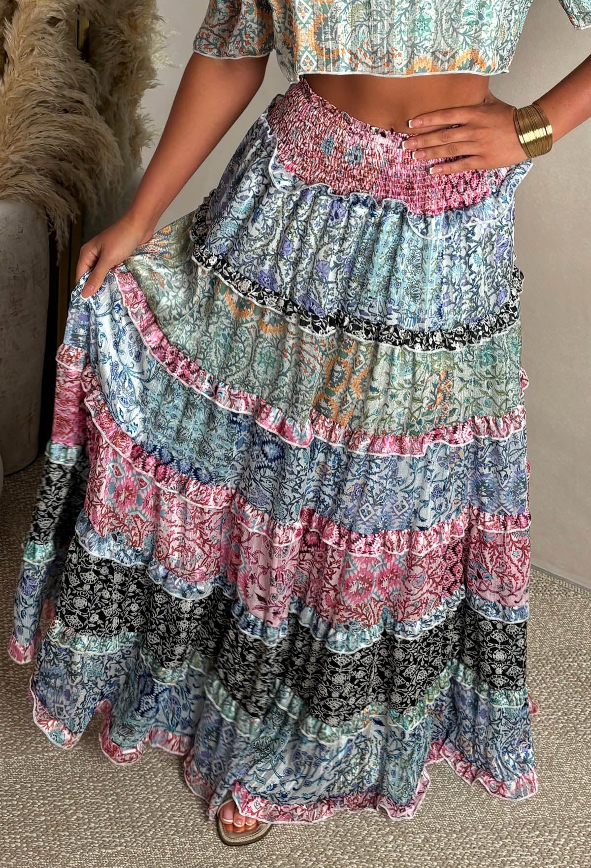 Blush Waves Multi Floral Ruffle Maxi Skirt - Image 3