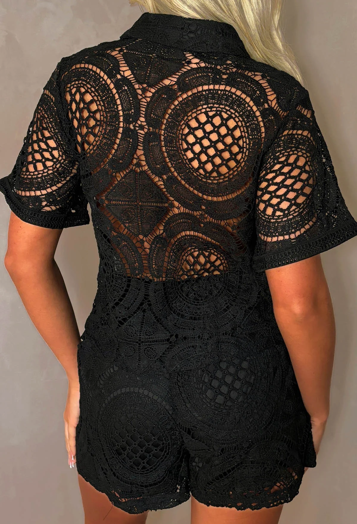 Bohemian Bliss Black Crochet Shirt And Shorts Co-Ord Set - Image 3