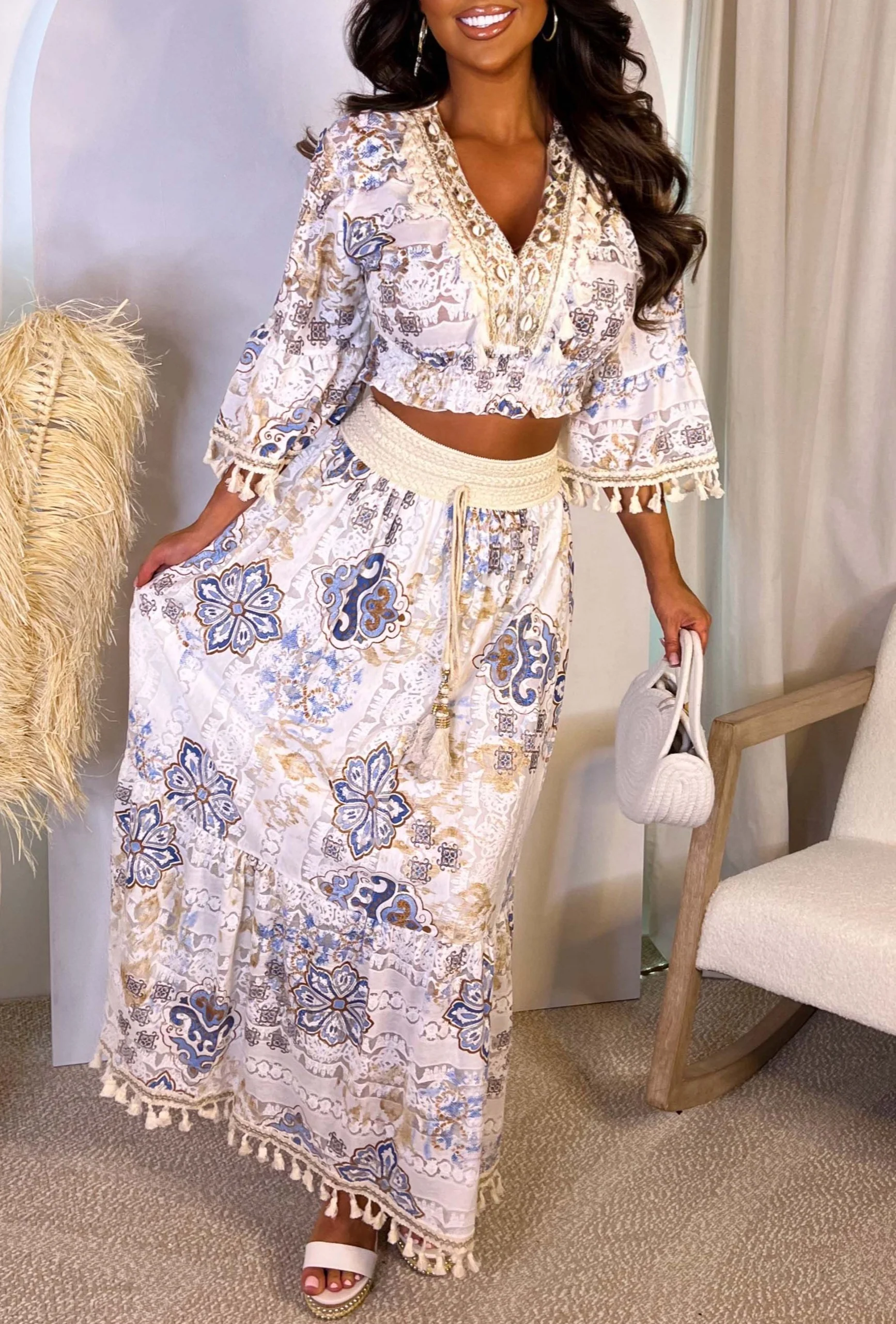 Boho Illusion Light Blue Boho Drawstring Elasticated Maxi Skirt - Image 3