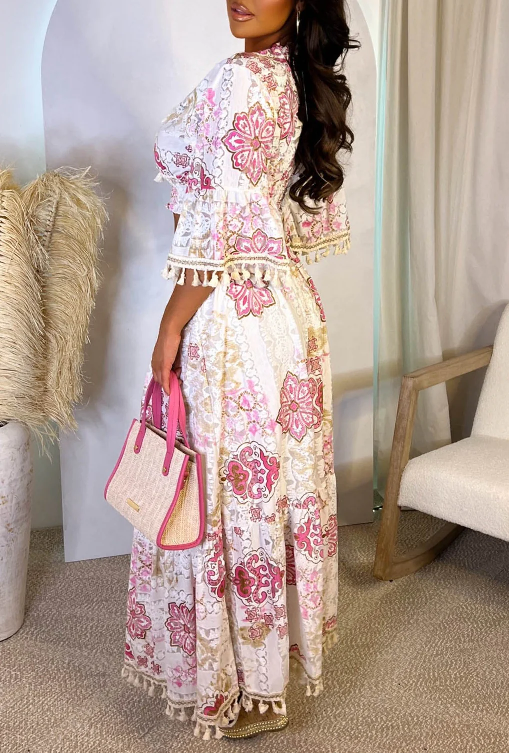 Boho Illusion Pink Boho Drawstring Elasticated Maxi Skirt - Image 2