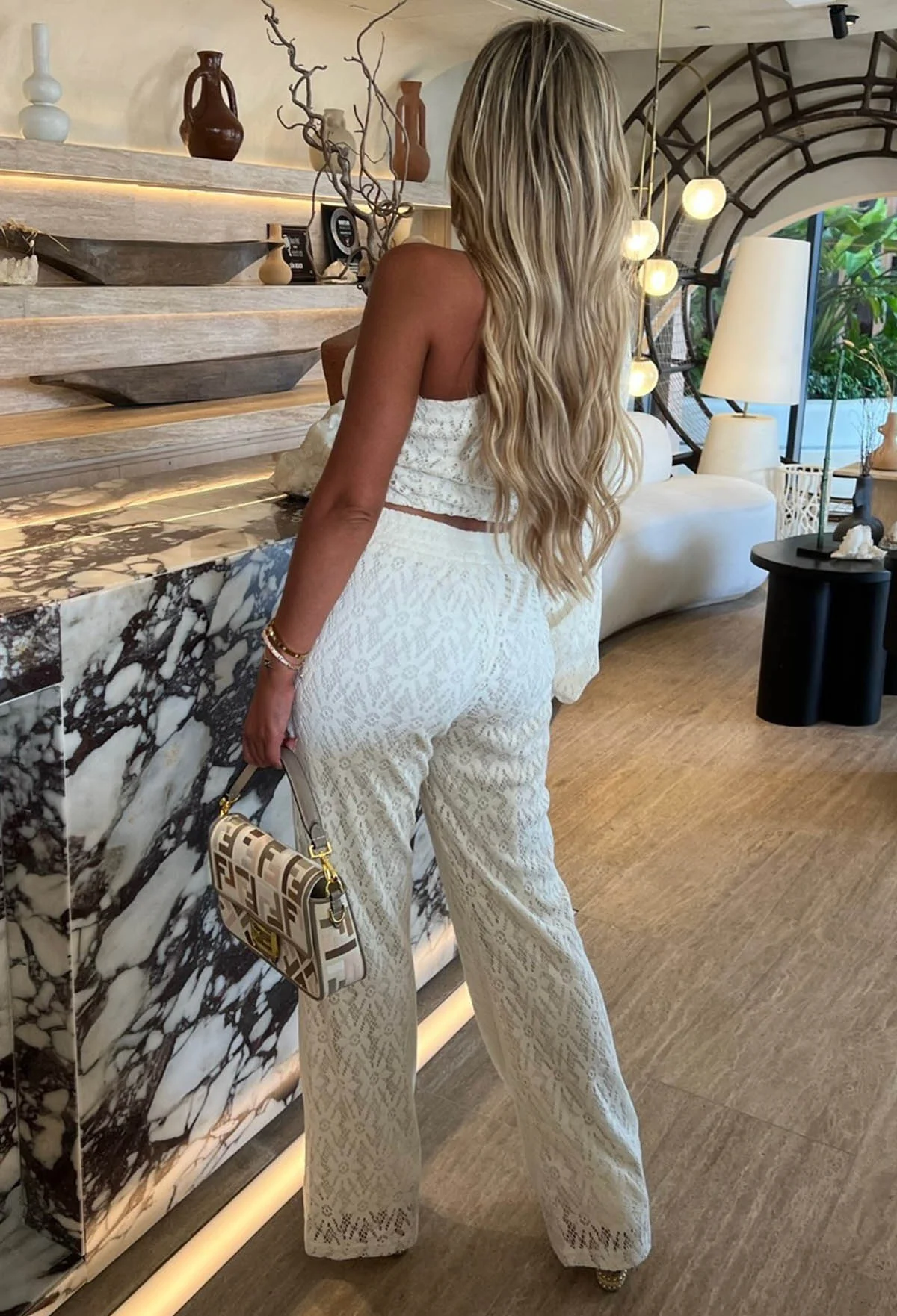 Boho Vibe Cream One Sleeve Lace Trouser Co-Ord Set - Image 2