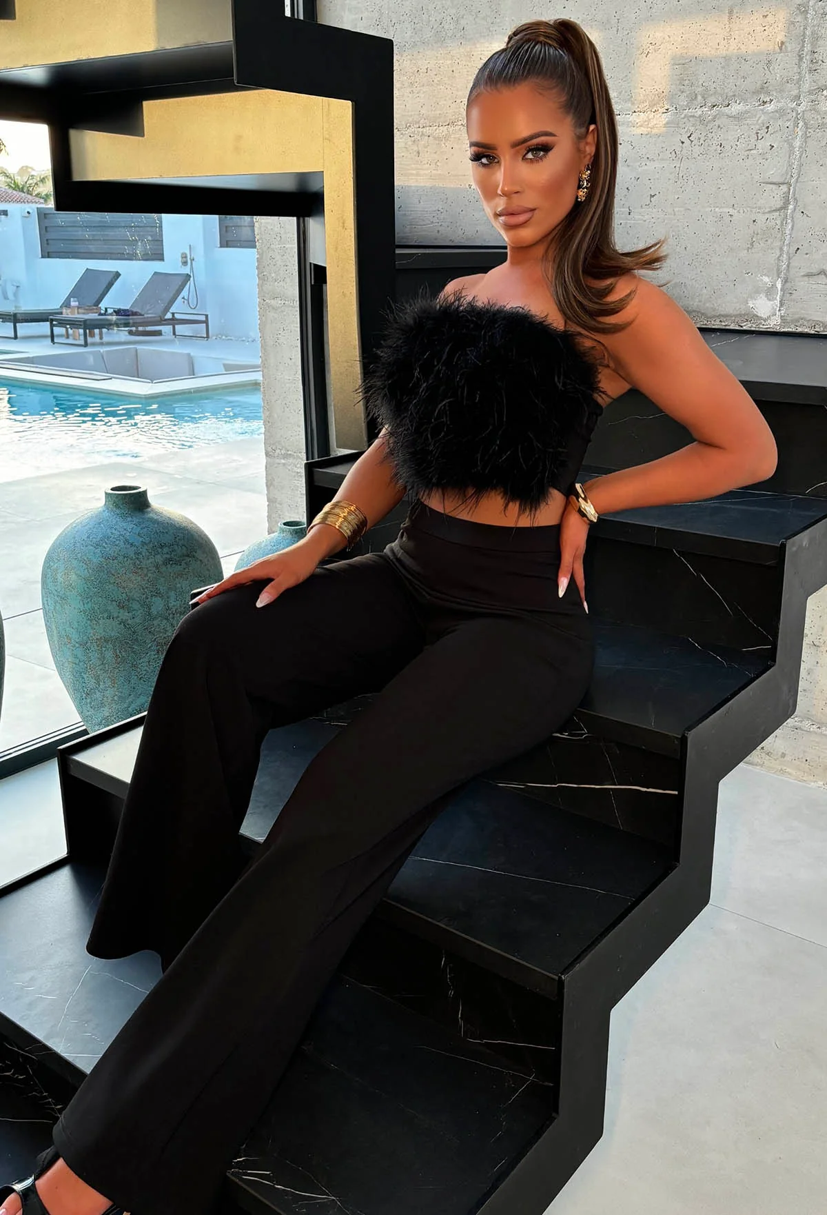Breathtaking Black Feather Bandeau Top With Zip Fastening - Image 4