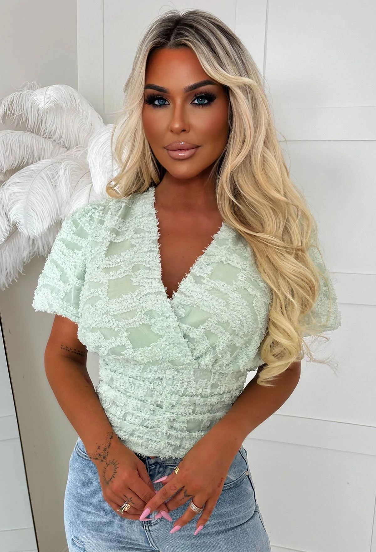 Briella Green Short Sleeved Textured Ruched Top - Image 3