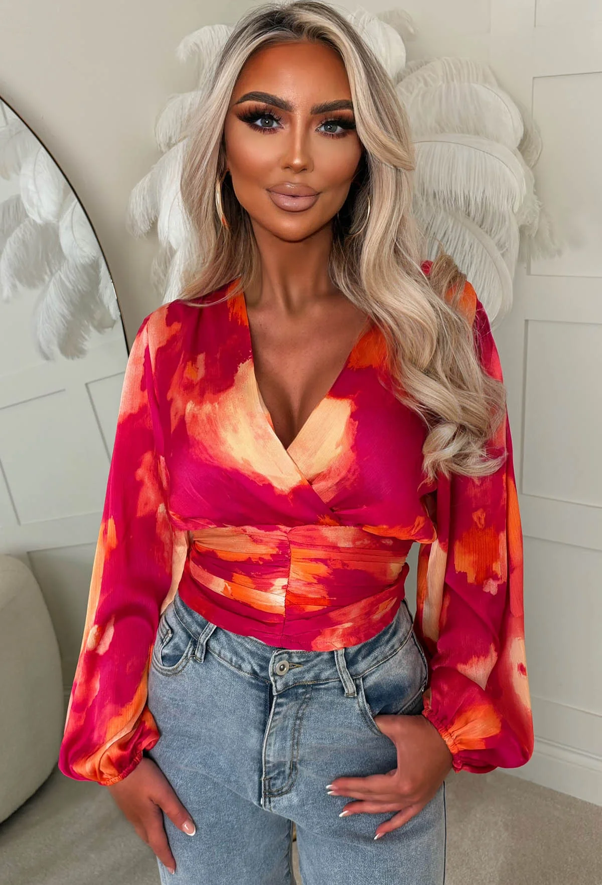 Briella Pink V-Neck Ruched Blouse