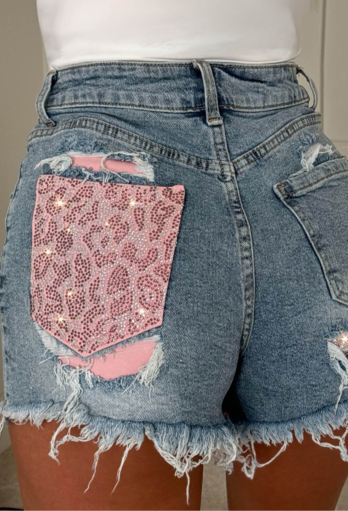 Bring On More Drama Blue Ripped Denim Hot Fix Leopard Pocket Shorts - Image 2