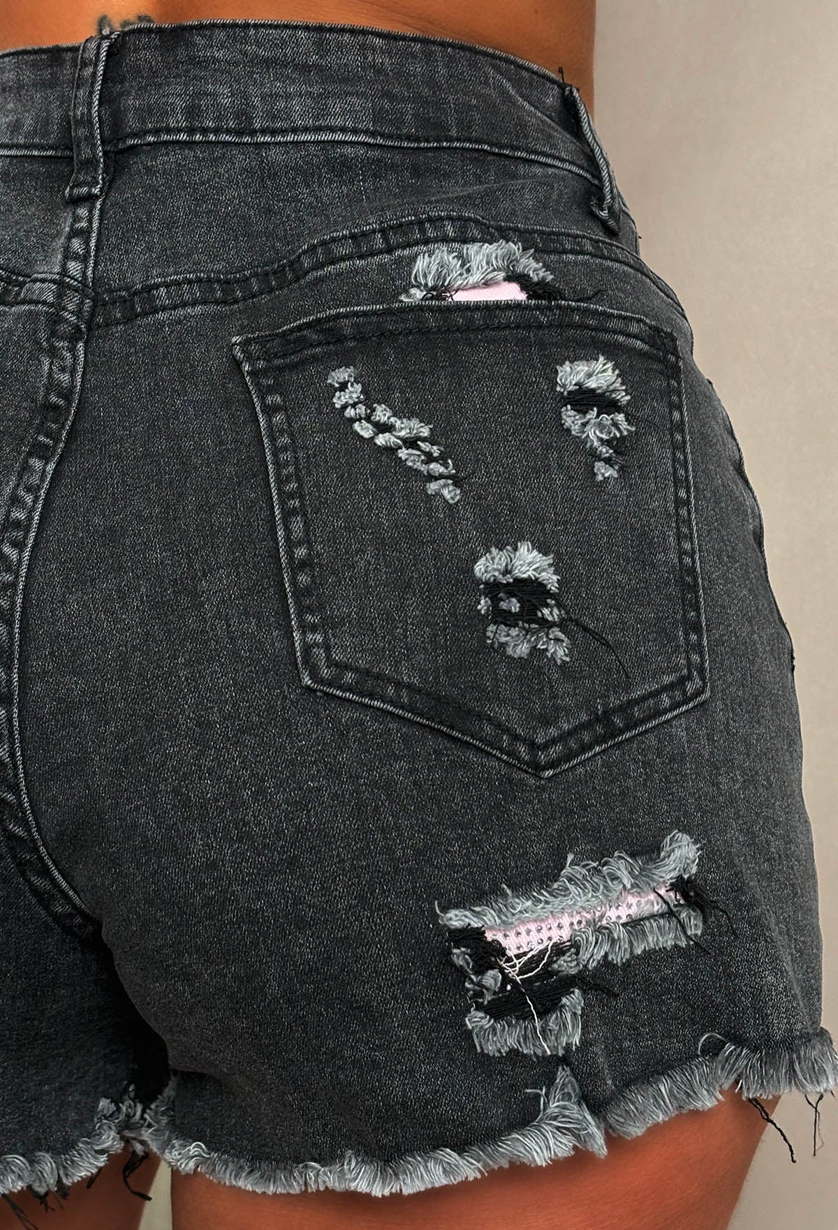 Bring On The Drama Black Ripped Denim Hot Fix Pocket Shorts - Image 4
