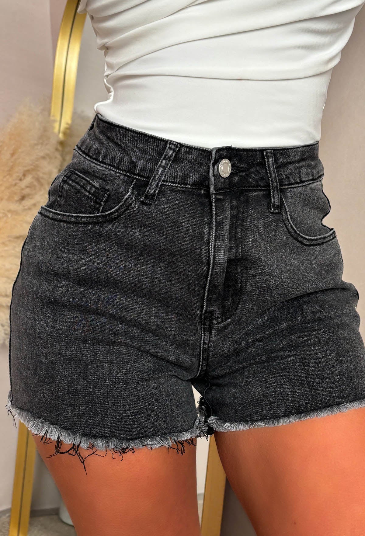 Bring On The Drama Black Ripped Denim Hot Fix Pocket Shorts - Image 5