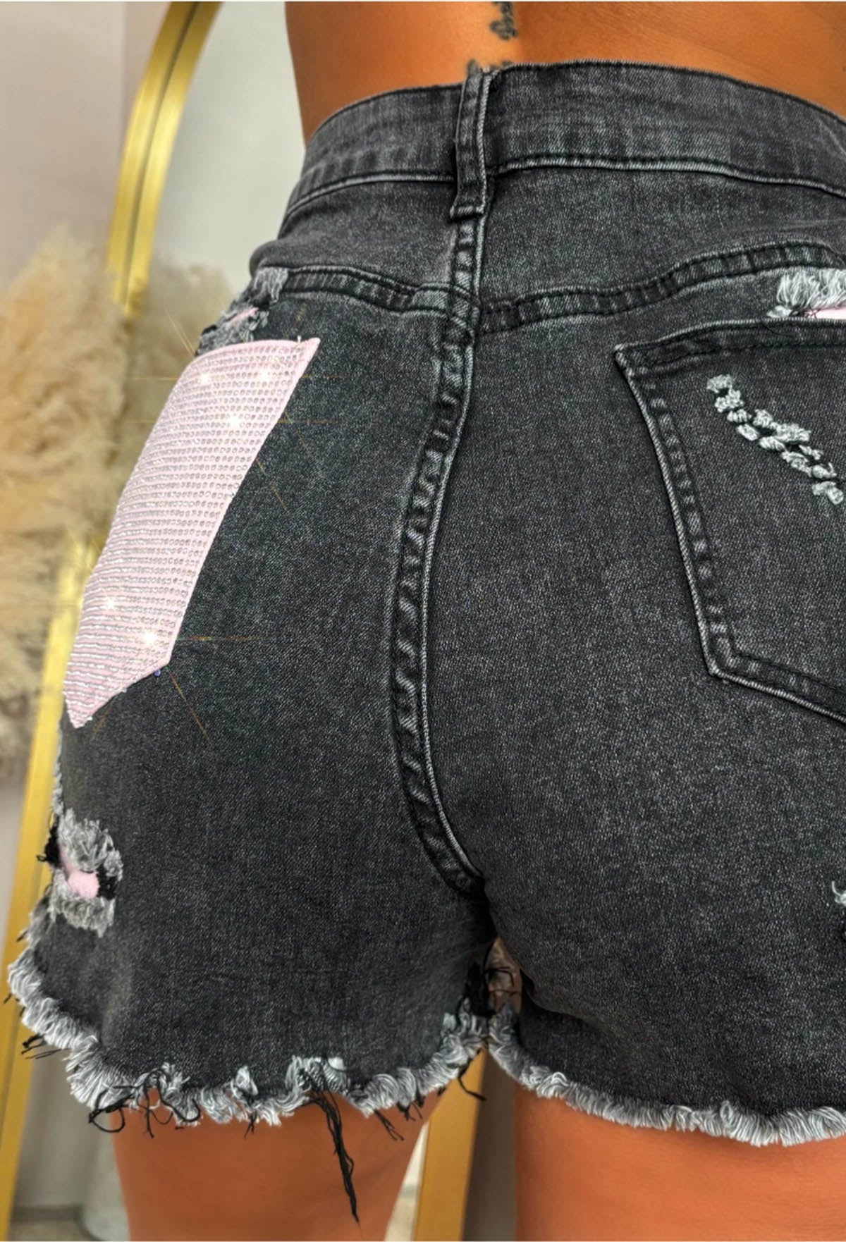 Bring On The Drama Black Ripped Denim Hot Fix Pocket Shorts - Image 6