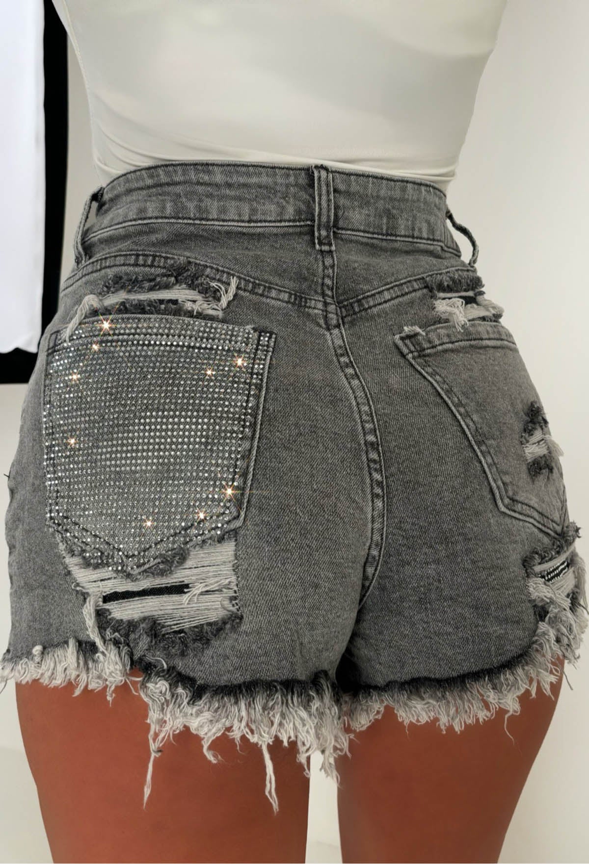 Bring On The Drama Grey Ripped Denim Hot Fix Shorts - Image 2