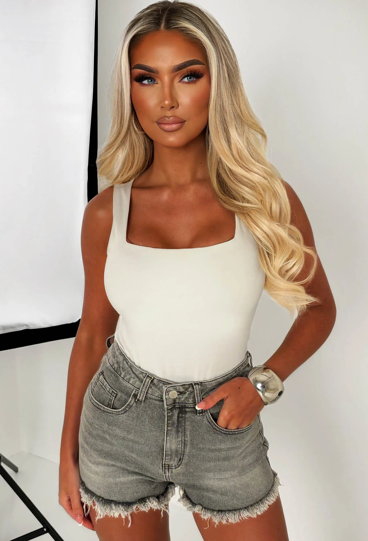 Bring On The Drama Grey Ripped Denim Hot Fix Shorts - Image 3