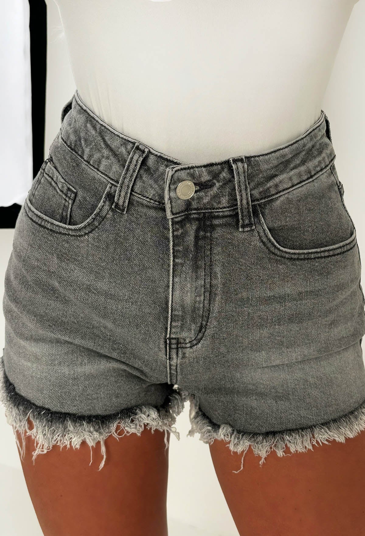 Bring On The Drama Grey Ripped Denim Hot Fix Shorts - Image 5