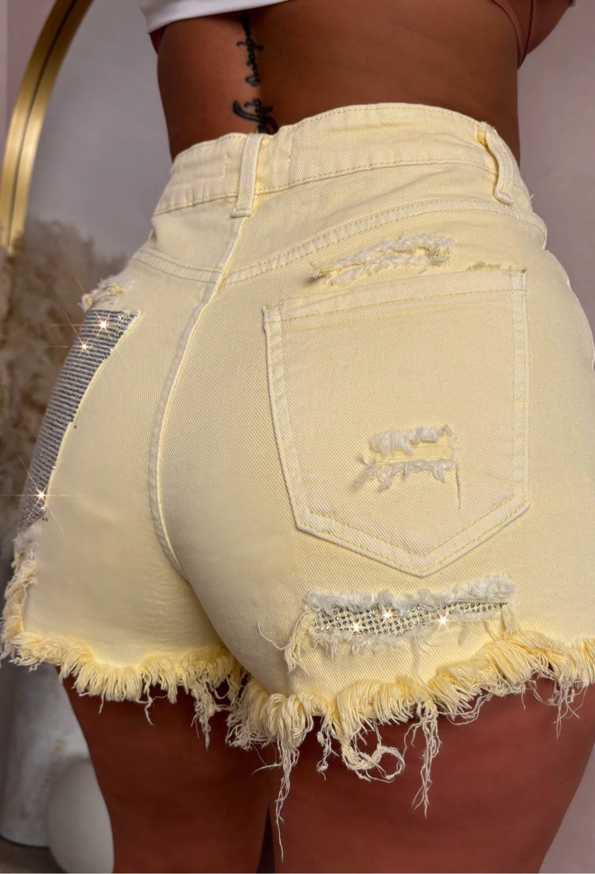 Bring On The Drama Lemon Ripped Denim Hot Fix Pocket Shorts - Image 4