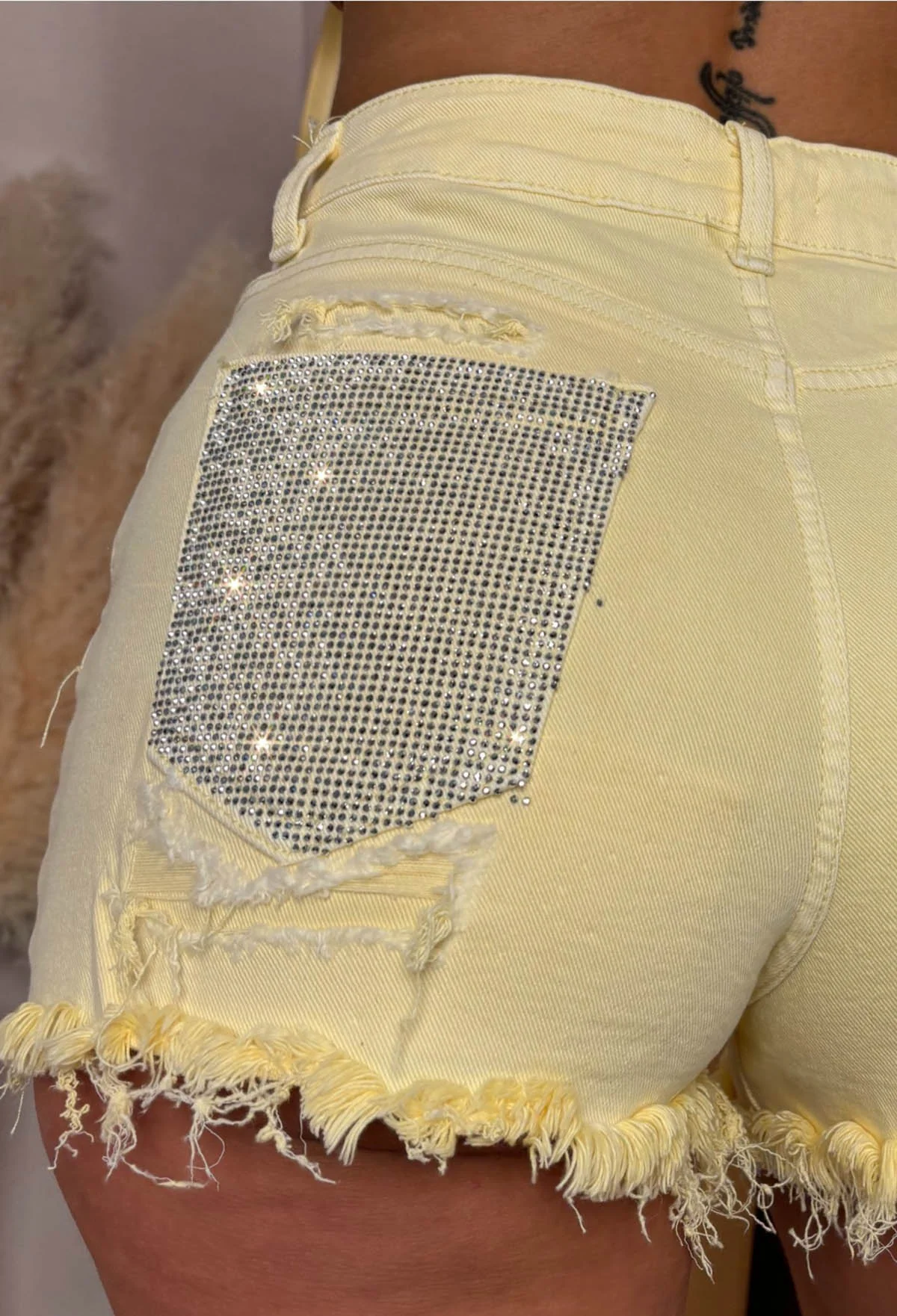 Bring On The Drama Lemon Ripped Denim Hot Fix Pocket Shorts - Image 5