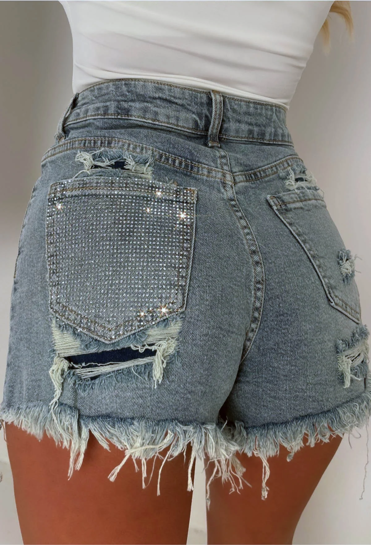 Bring On The Drama Mid Blue Ripped Denim Hot Fix Shorts - Image 2