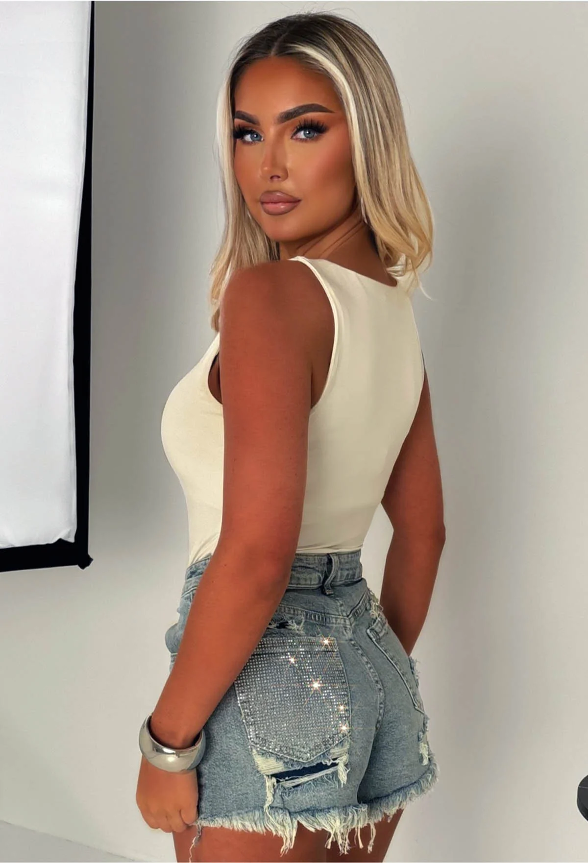 Bring On The Drama Mid Blue Ripped Denim Hot Fix Shorts - Image 3