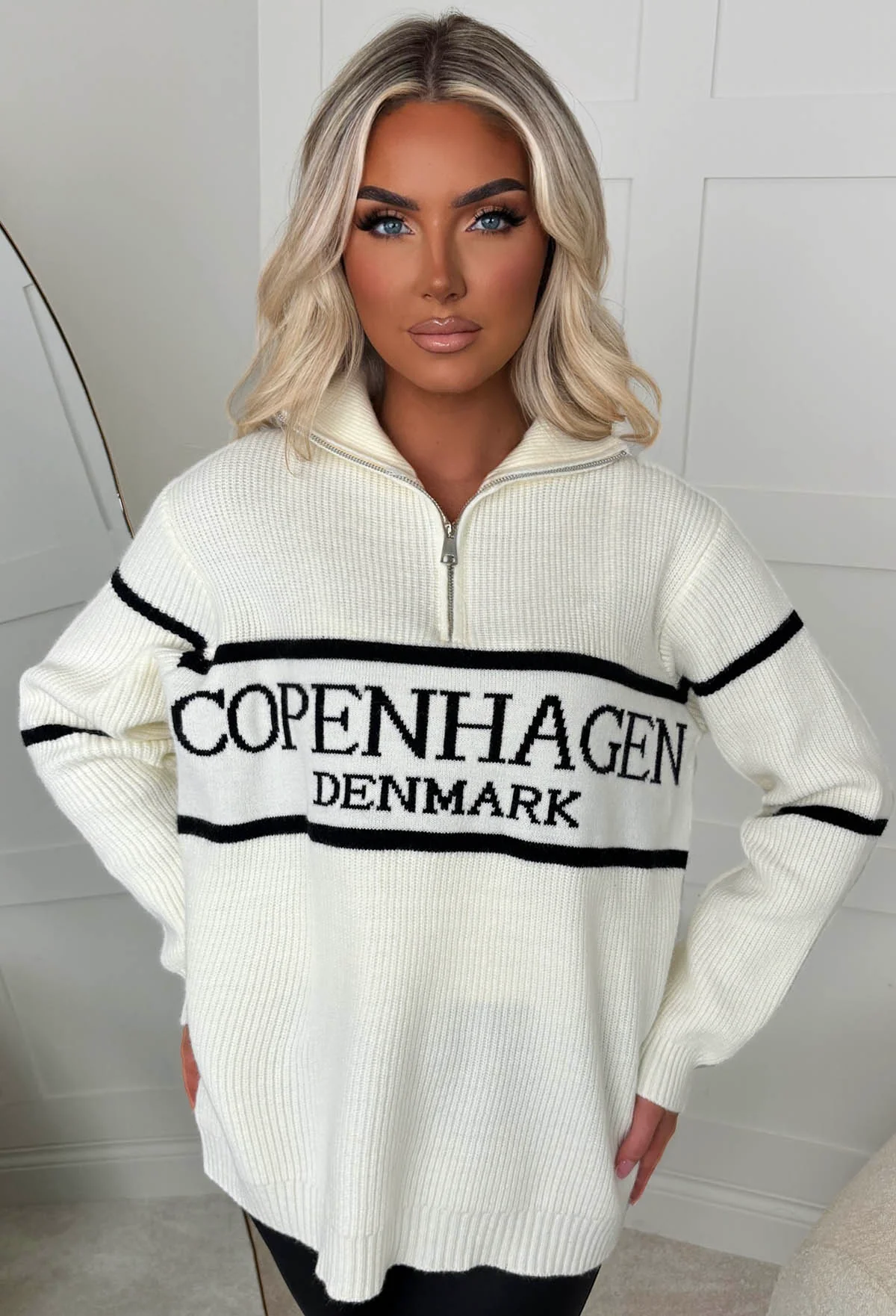 Bring The Style Cream Slogan Knitted Quarter Zip Jumper - Image 2