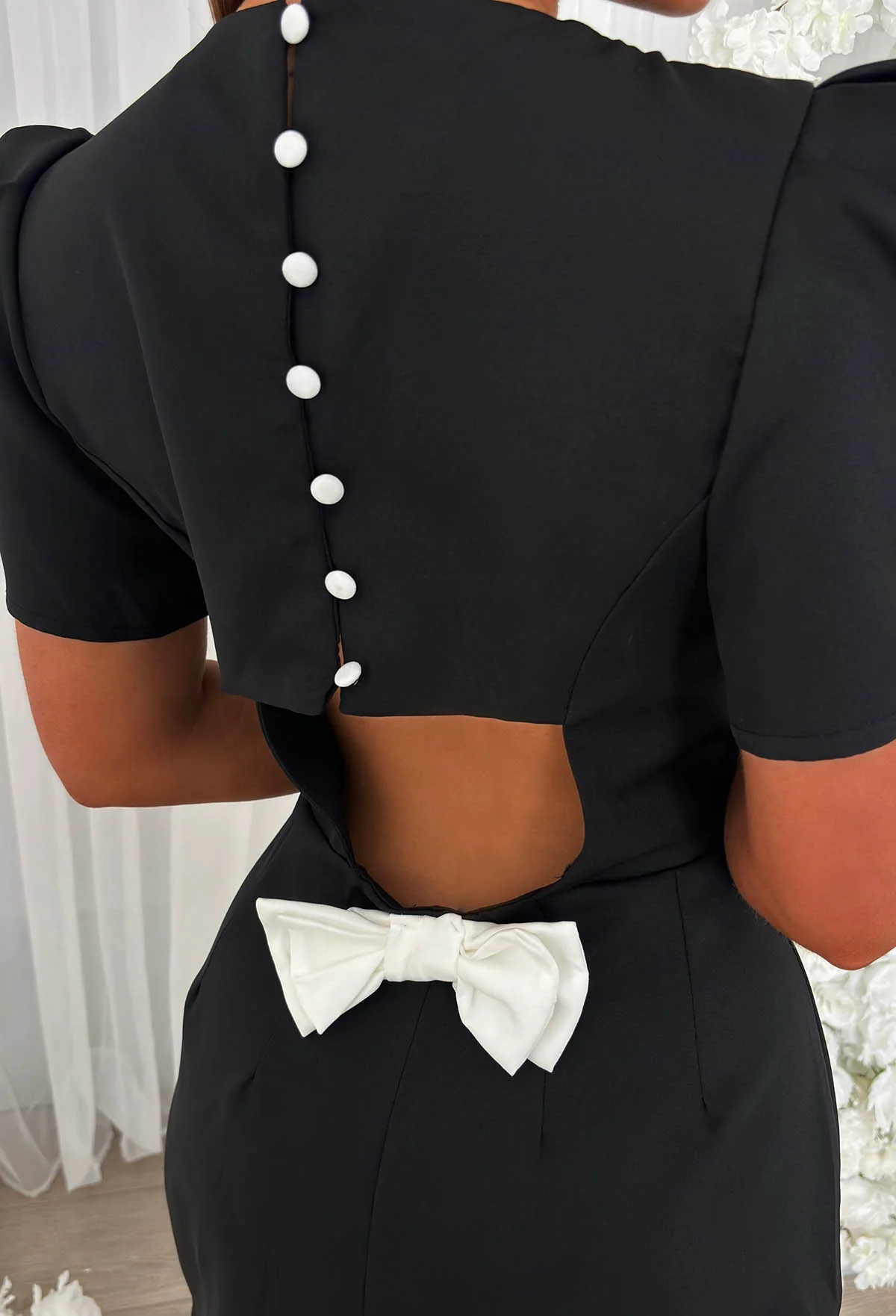 Buttoned Beauty Black Bow Back Mini Dress - Image 3