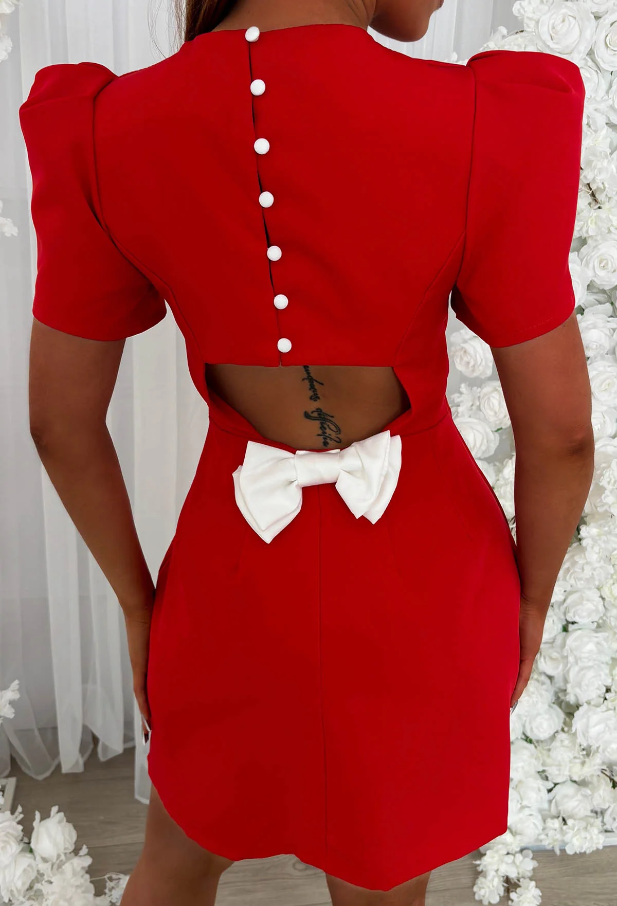 Buttoned Beauty Red Bow Back Mini Dress - Image 4