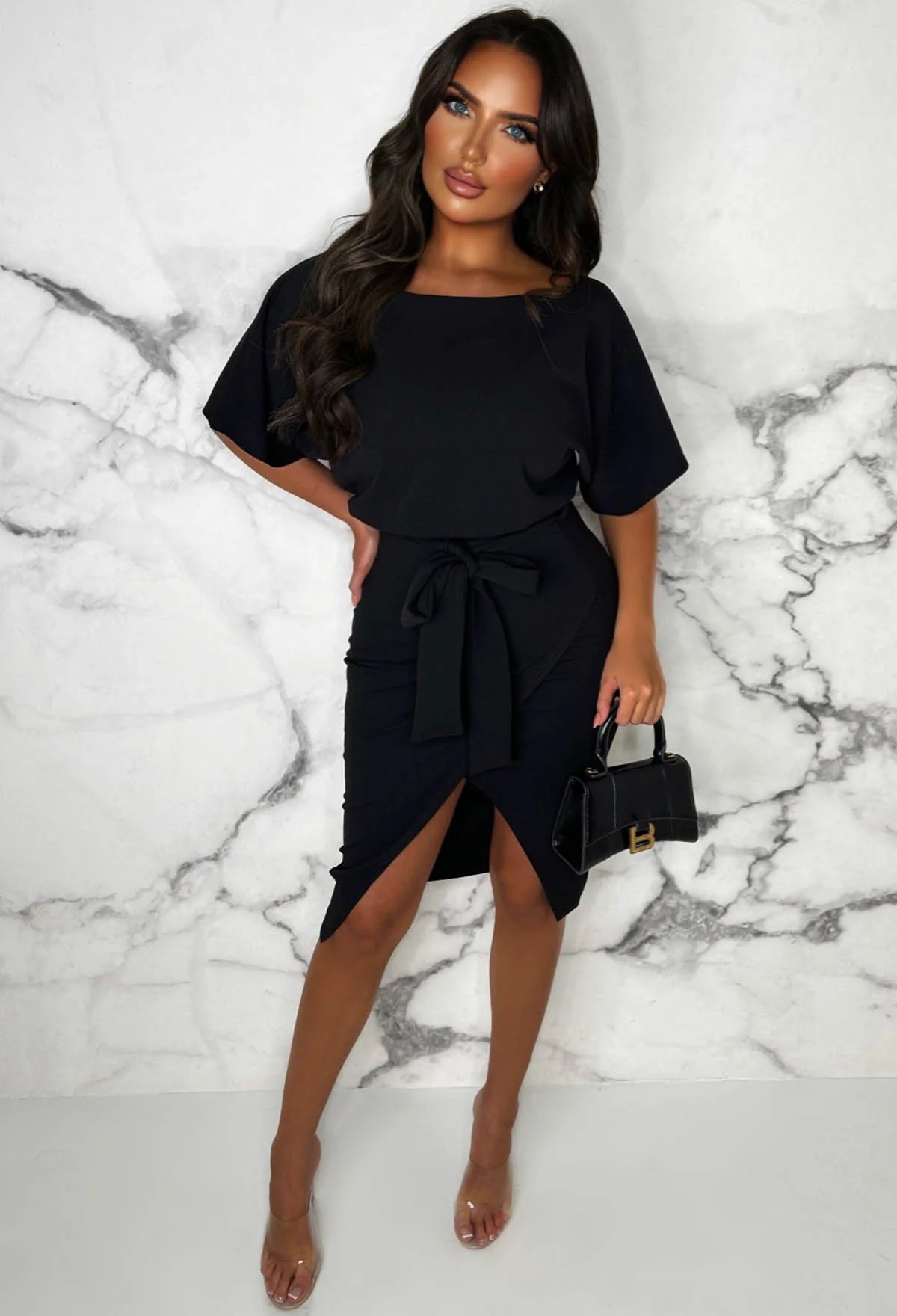 Came Here For Love Black Belted Wrap Front Midi Dress - Image 3