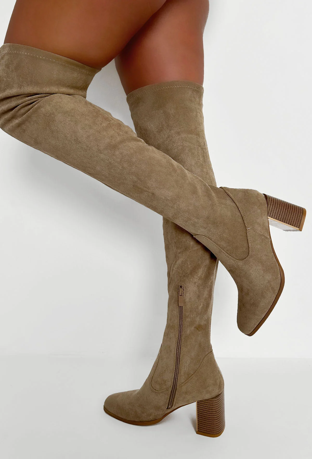 Can't Handle Me Beige Stretch Faux Suede Thigh High Boots - Image 2
