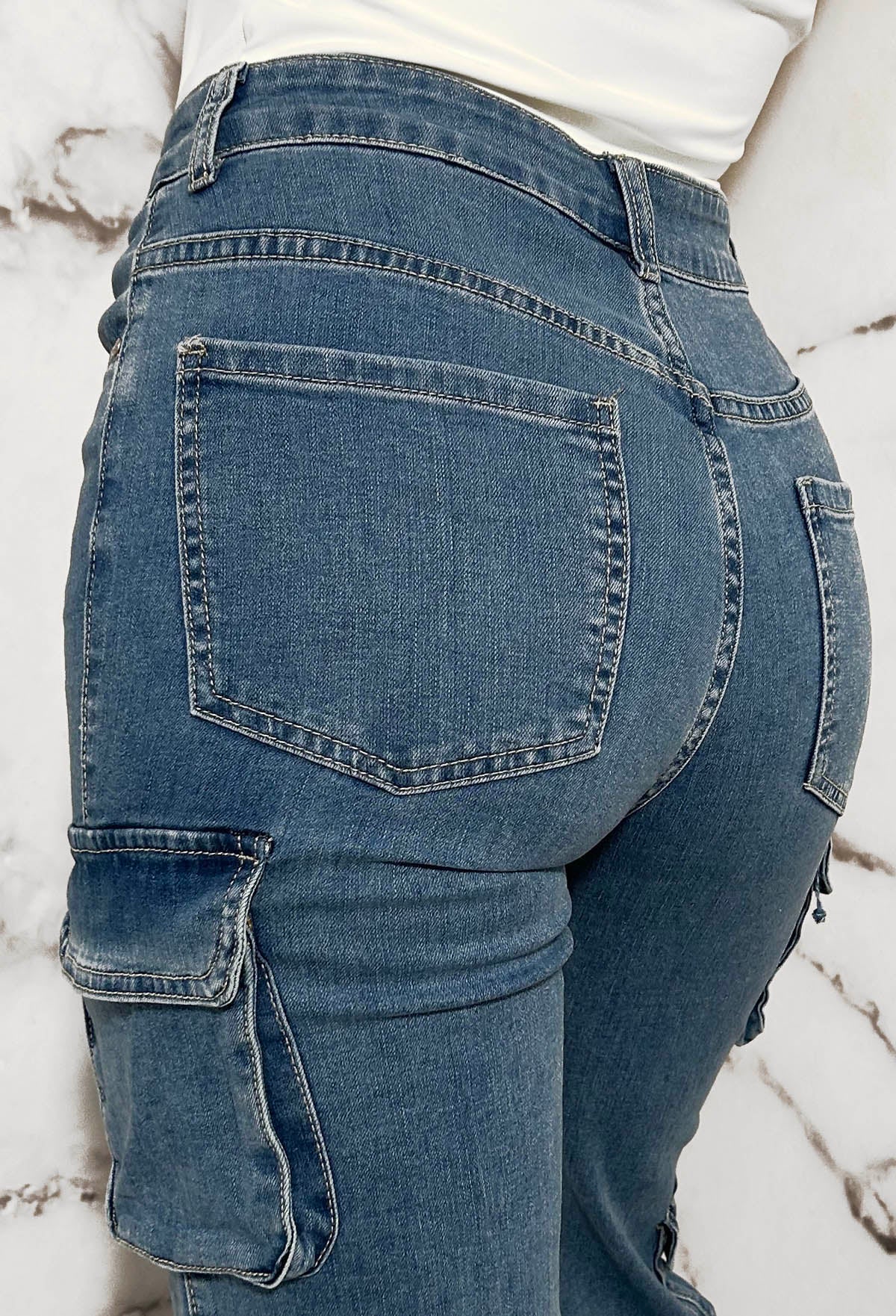 Cargo Illusion Mid Blue Stretch Cargo Denim Jeans - Image 3