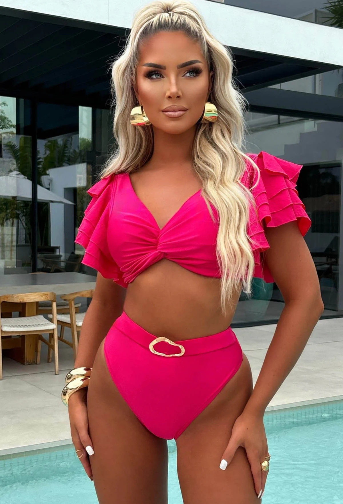 Caribbean Hot Pink Ruffle Detail Bikini With Mock Belt High Waist Brief - Image 2