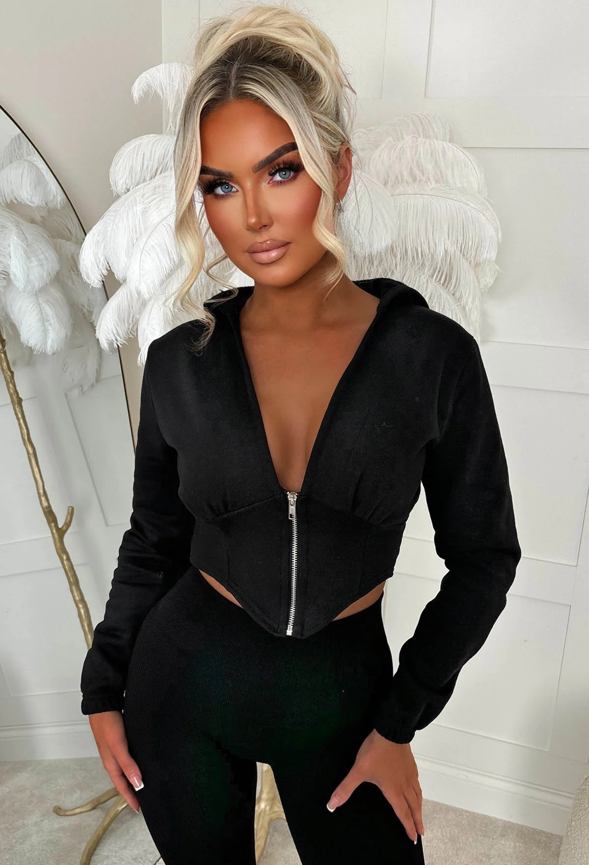 Casual Baddie Black Corset Zip Up Hoodie