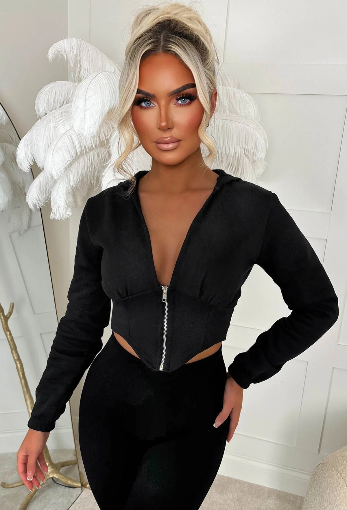 Casual Baddie Black Corset Zip Up Hoodie - Image 4