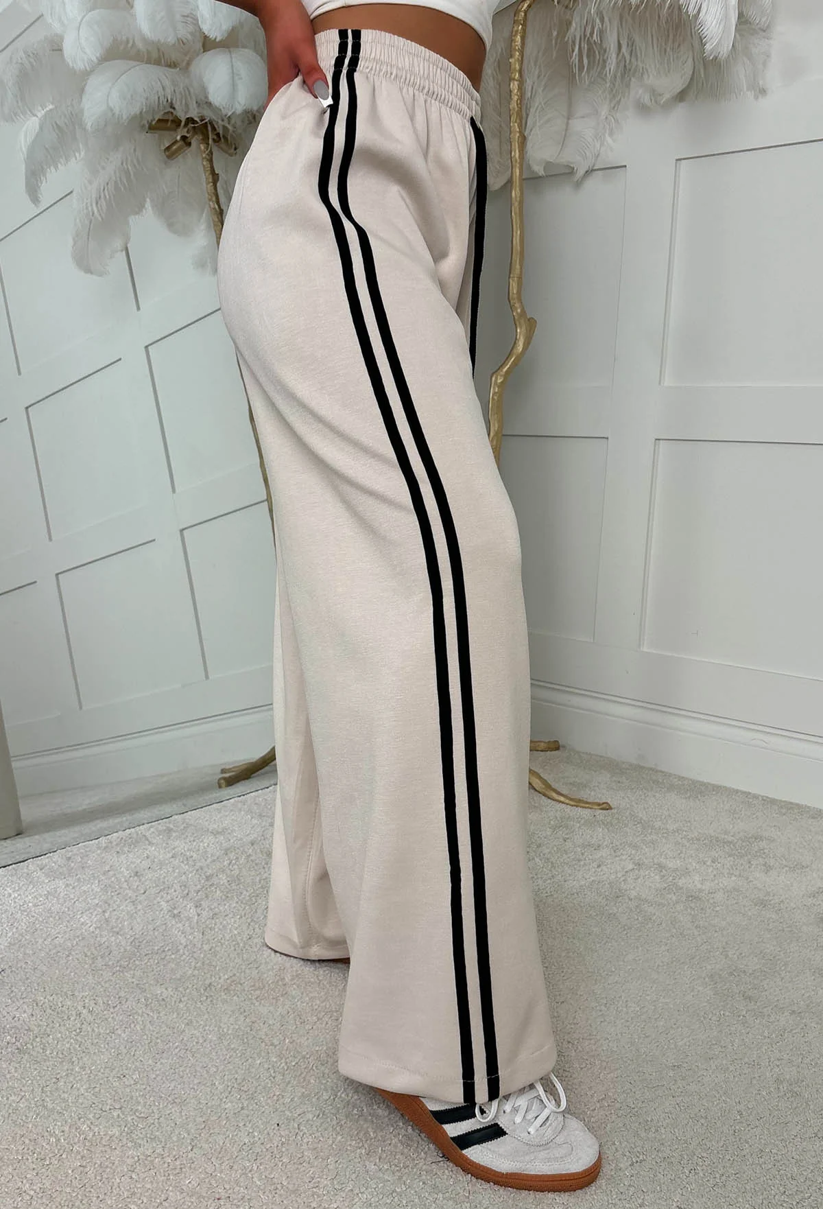 Casual Feelings Cream Side Stripe Wide Leg Joggers - Image 3
